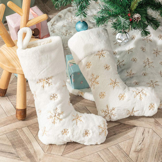 AtiMing 2pcs Plush Christmas Stockings White Faux Fur Large 56cm Deluxe Hanging Xmas Stockings with Gold Sequins Snowflake for Christmas Fireplace Decorations Socks (White-G, 22inches) - Medaid International