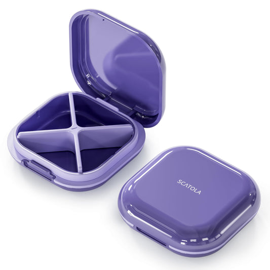 ONTERATE Small Pill Case, Travel Pill Box, Portable Pill Organizer, Pill Container for Pocket 4 Compartments, Daily Compact Travel Medicine Holder for Vitamins Medication (Purple) - Medaid International