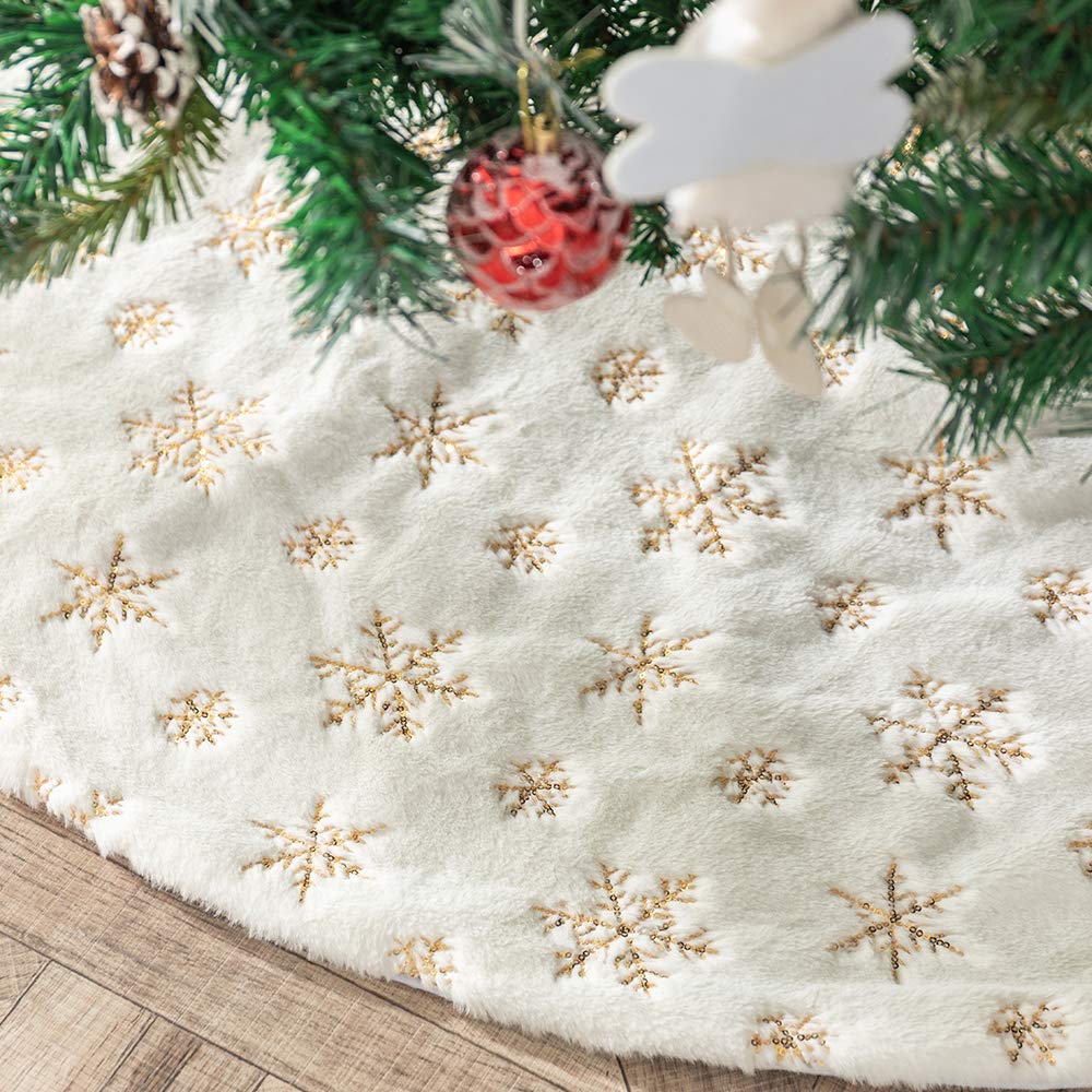 Amidaky Christmas Tree Skirt 36 inches White Faux Fur Gold Snowflake Sequin Embroidered Luxury Tree Skirt Xmas Decoration - Medaid International