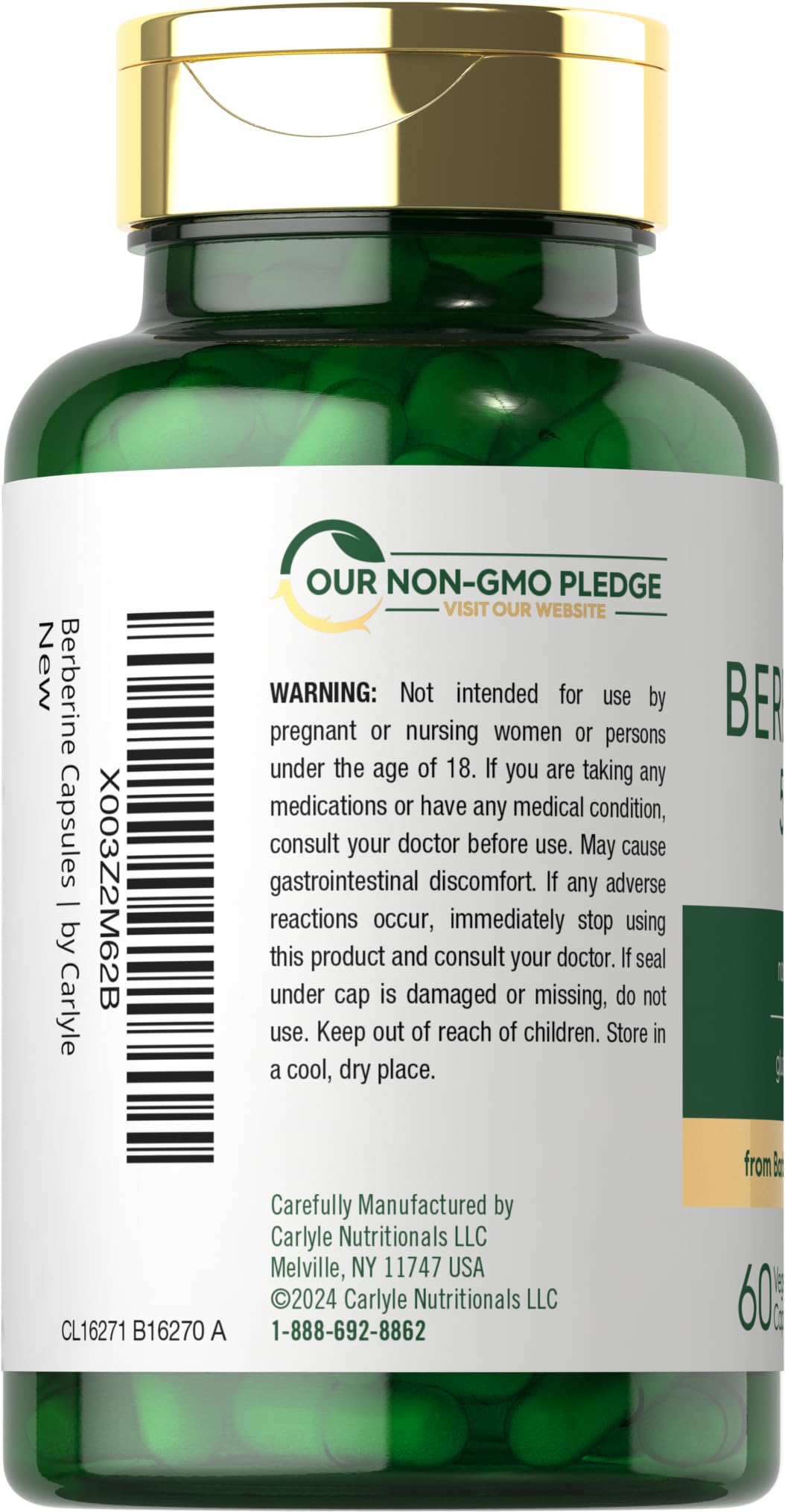 Carlyle Berberine HCL Supplement | 500,000mcg | 60 Capsules | Vegetarian, Non-GMO, Gluten Free - Medaid International