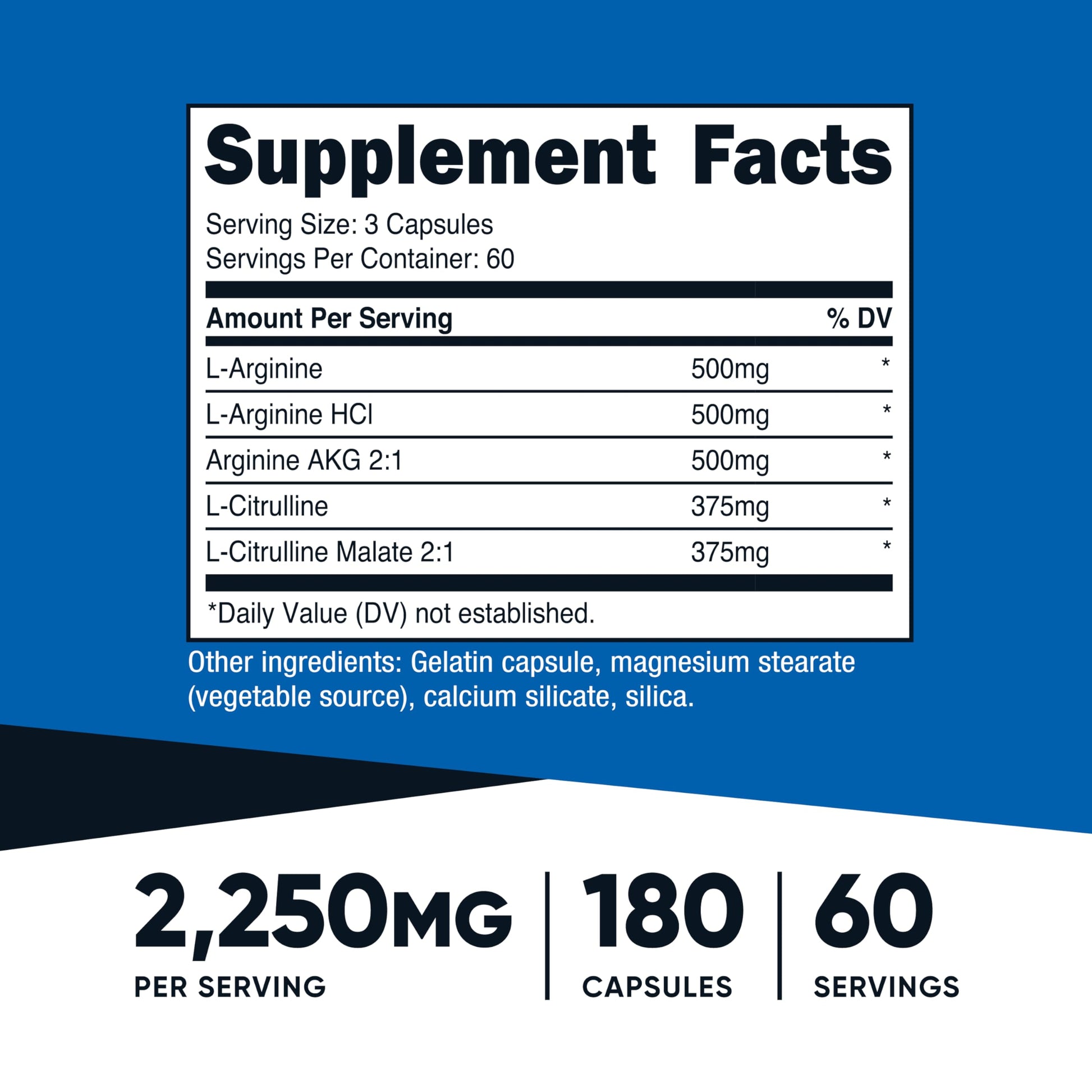 Nutricost Nitric Oxide Booster 2250mg, 180 Capsules - 750mg Per Casule, 60 Servings - Gluten Free and Non-GMO - Medaid International