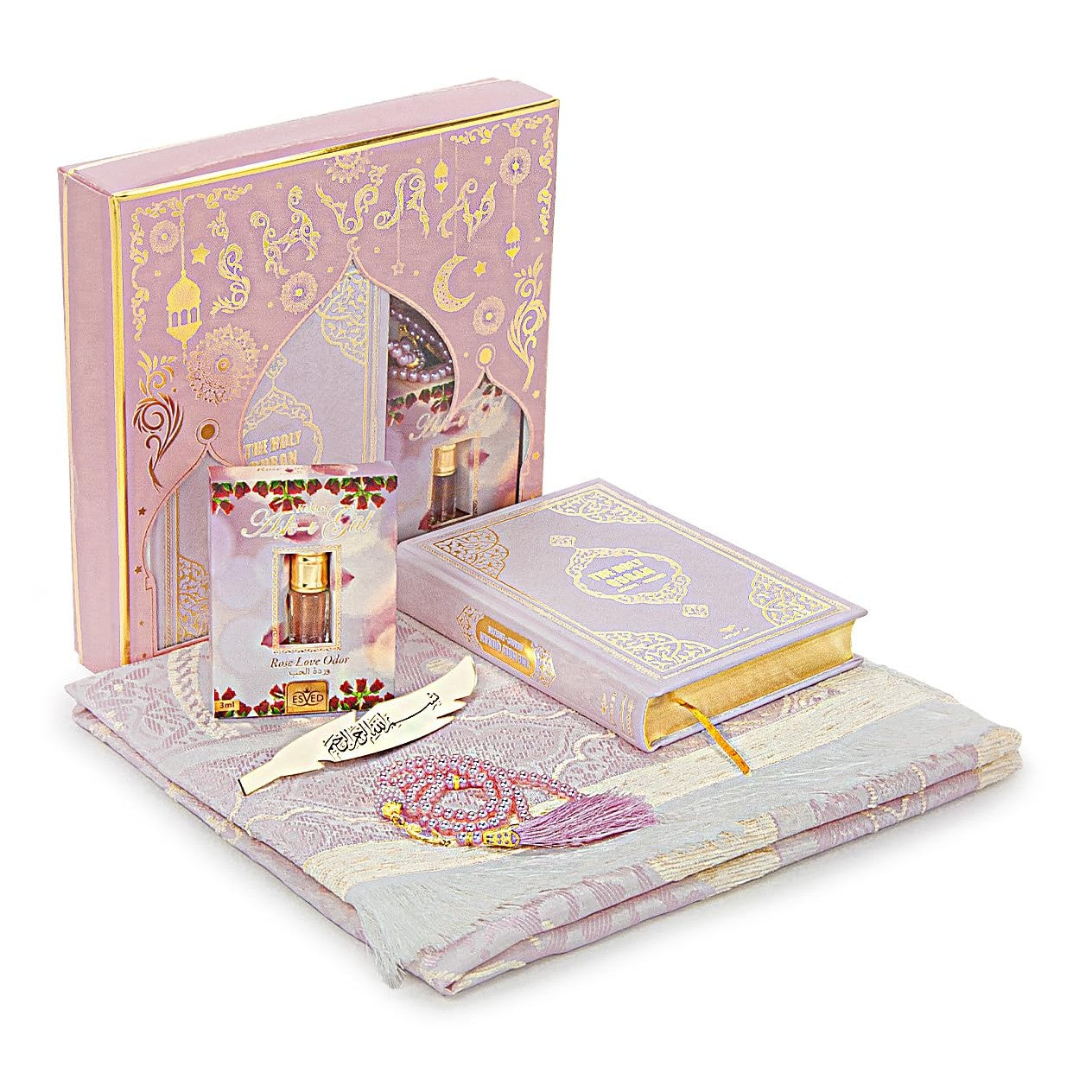 ihvan online Prayer Gift Set for Hajj and Umrah, Muslim Prayer Rug, Prayer Mat, Beads Taasbih, Holy Quran Translated English, Muslim Praying Mat, Islamic Gift Set for Ramadan & Eid, Pink - Medaid International