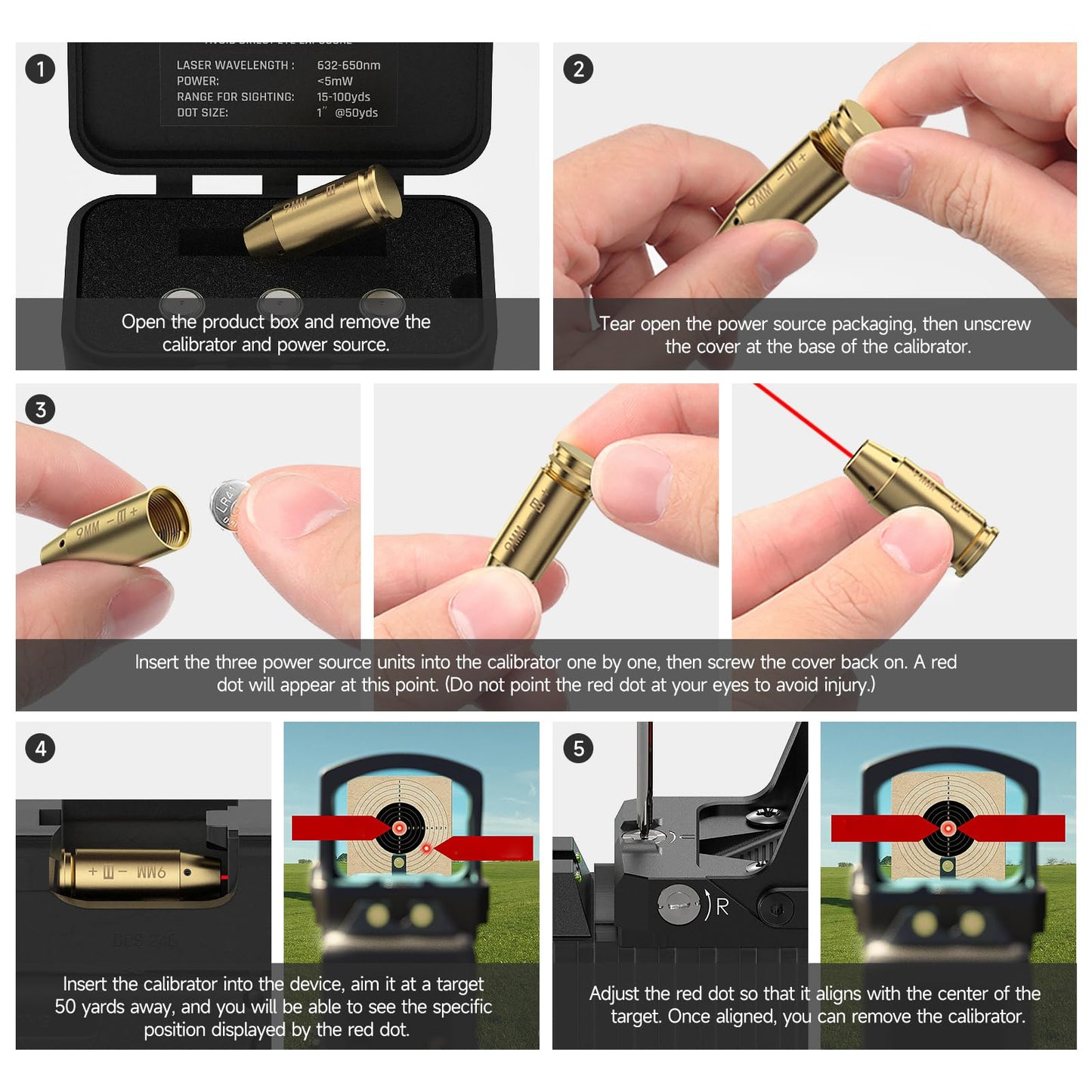 Feyachi Bore Sight 9mm Red Dot Laser Zeroing Bore Sighter Pistol Laser Boresighter with 3 Sets of 0.29 * 0.39 * 1 in, 9MM - Medaid International