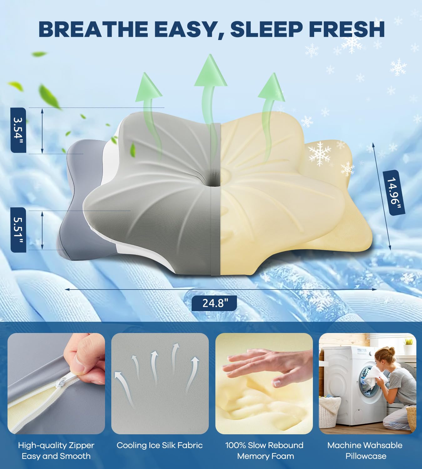 Cervical Pillow for Neck Pain Relief -Cooling Ergonomic Memory Foam Pillow with Ice Silk Pillowcase, Dual-Height Orthopedic Support Contour Pillow for Side/Back/Stomach Sleepers, CertiPUR-US Certified - Medaid International