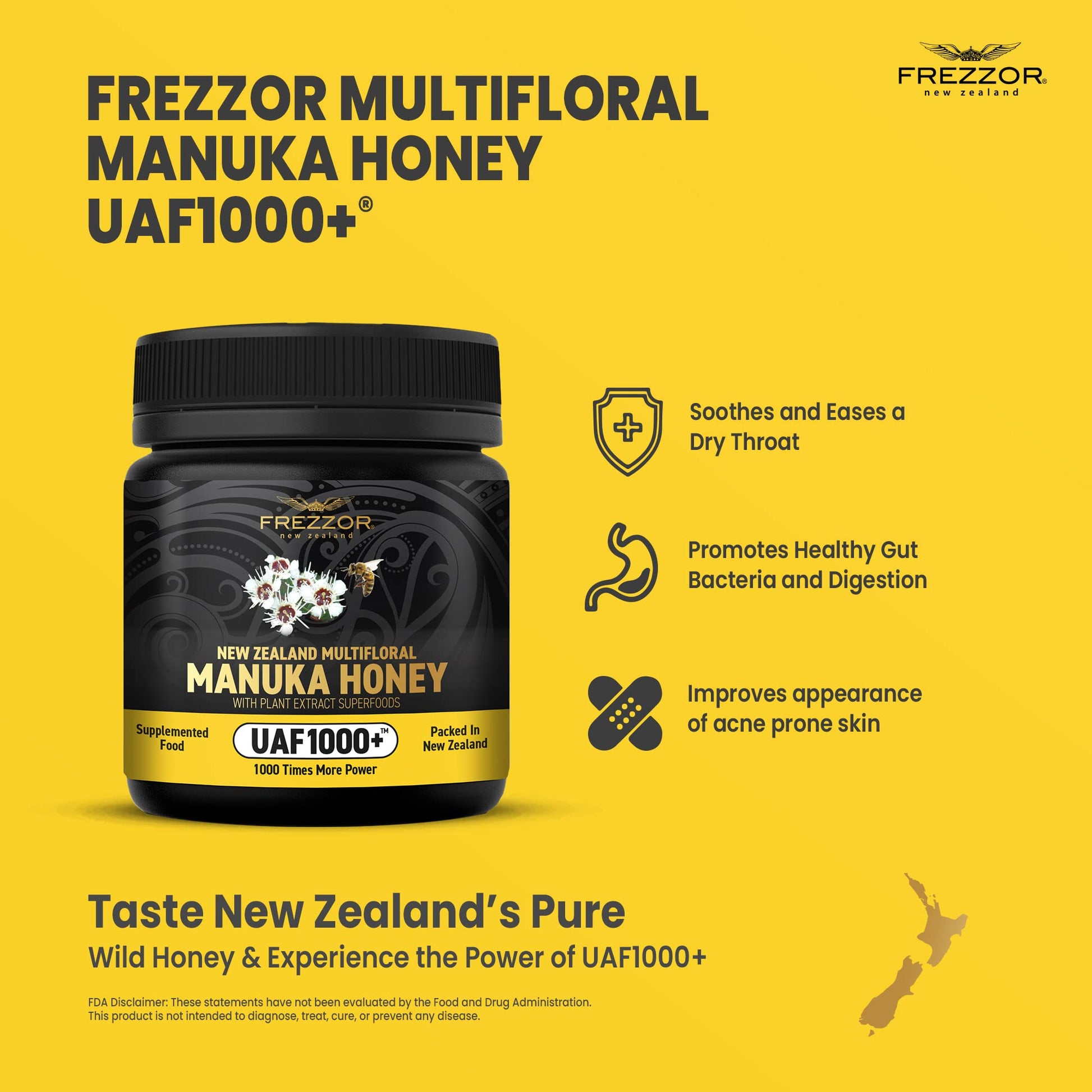 FREZZOR Premium New Zealand Raw Multifloral Manuka Honey with UAF1000+ Super Antioxidant, 230% More Bioactive, Best Support for Everyday Wellness, Antioxidant Superfood, 1 Jar (8.8oz/250g) - Medaid International