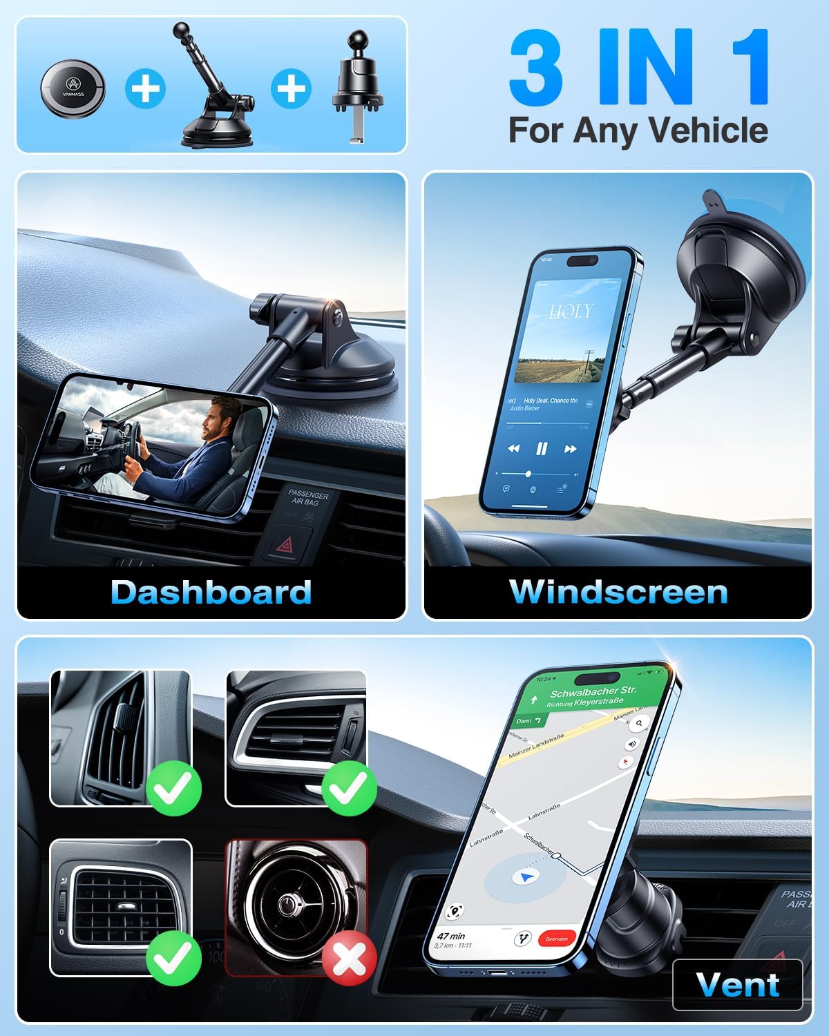 【2025 Military-Grade】VANMASS for MagSafe Car Mount【Upgraded Strongest Magnetic&Suction】Phone Holder Cell Stand for Dashboard Windshield Vent,Tesla Truck Cradle for iPhone 17 Pro Max 16 15 14 13 12 Air - Medaid International