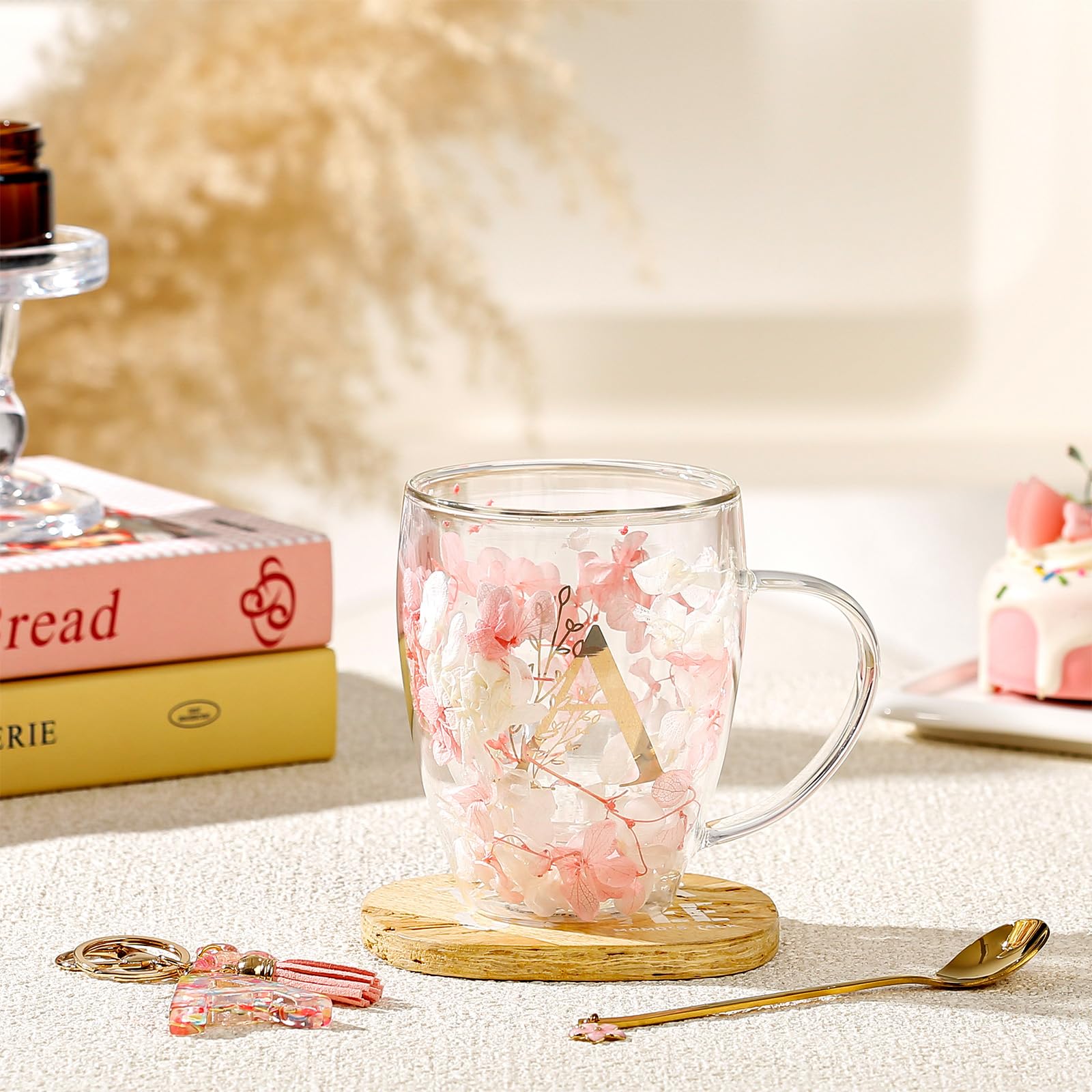 Personalized Gift for Women Cute Monogrammed Double Wall Glass Coffee Mug Tea Cup with Spoon Customized Birthday Valentine Mother's Day Christmas Gift for Mom Wife Friends Sister Coworker(Letter A) - Medaid International