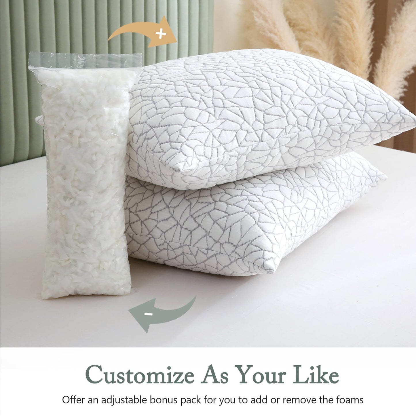 BPC Premium Rayon Derived from Bamboo Pillows Queen Size Set of 2 - Adjustable Shredded Memory Foam Pillow with Removable Cover Firm Pillow for Side Stomach and Back Sleepers, CertiPUR-US - Medaid International