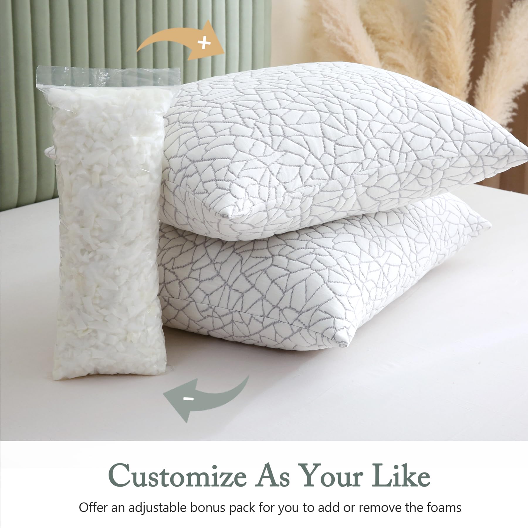 BPC Premium Rayon Derived from Bamboo Pillows Queen Size Set of 2 - Adjustable Shredded Memory Foam Pillow with Removable Cover Firm Pillow for Side Stomach and Back Sleepers, CertiPUR-US - Medaid International