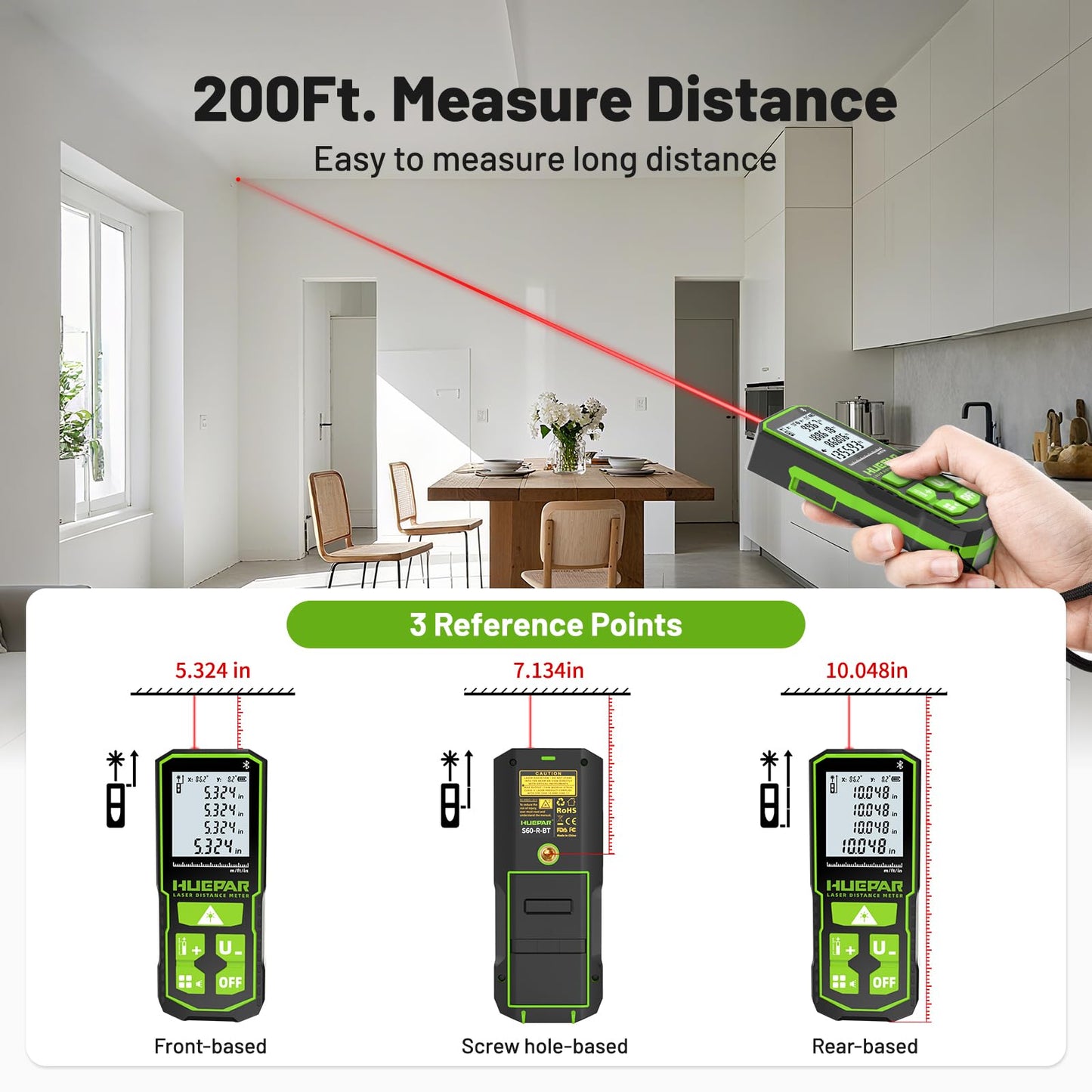 Huepar Laser Distance Measure 200Ft. Digital Rechargeable Laser Measuring Tool with Bluetooth -Phone APP, 1/16in Accuracy, Angle Sensor, M/in/Ft Unit, Pythagorean Mode, Measure Distance, Area, Volume - Medaid International