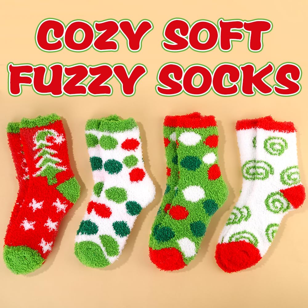 Vellibring 4 Pairs Christmas Fluffy Socks for Women Men,Cozy Fuzzy Xmas Tree Green Socks Cartoon Winter Warm Supplies for Christmas Festival Party - Medaid International