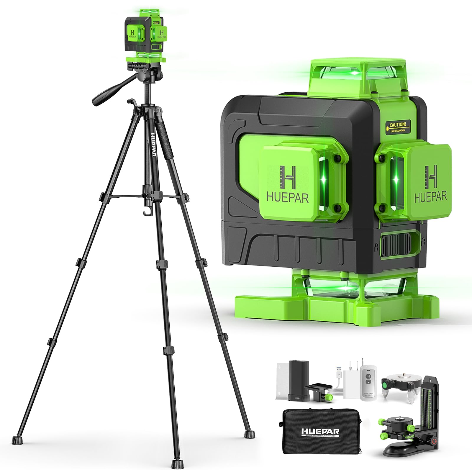 Huepar Laser Level 4x360 Self Leveling with 60" Tall Tripod, 4D Green Cross Line Lazer Leveler Tool with Outdoor Pulse Mode, 16 Lines Great for Tiling, Ceiling, Wall Work & DIY Home Renovation - Medaid International