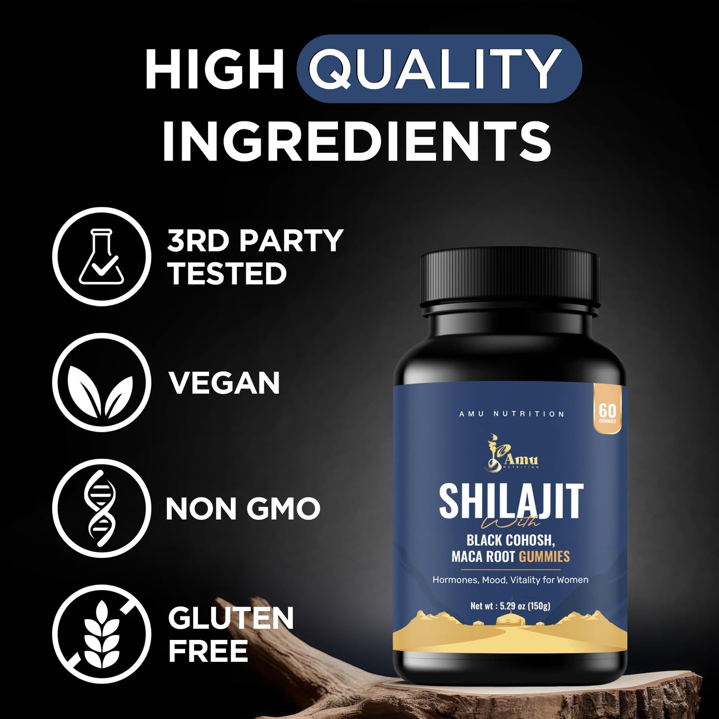 AMU NUTRITION Shilajit Gummies for Men & Women with Maca Root & Black Cohosh (60 Count (Pack of 1), Maca Root & Black Cohosh) - Medaid International