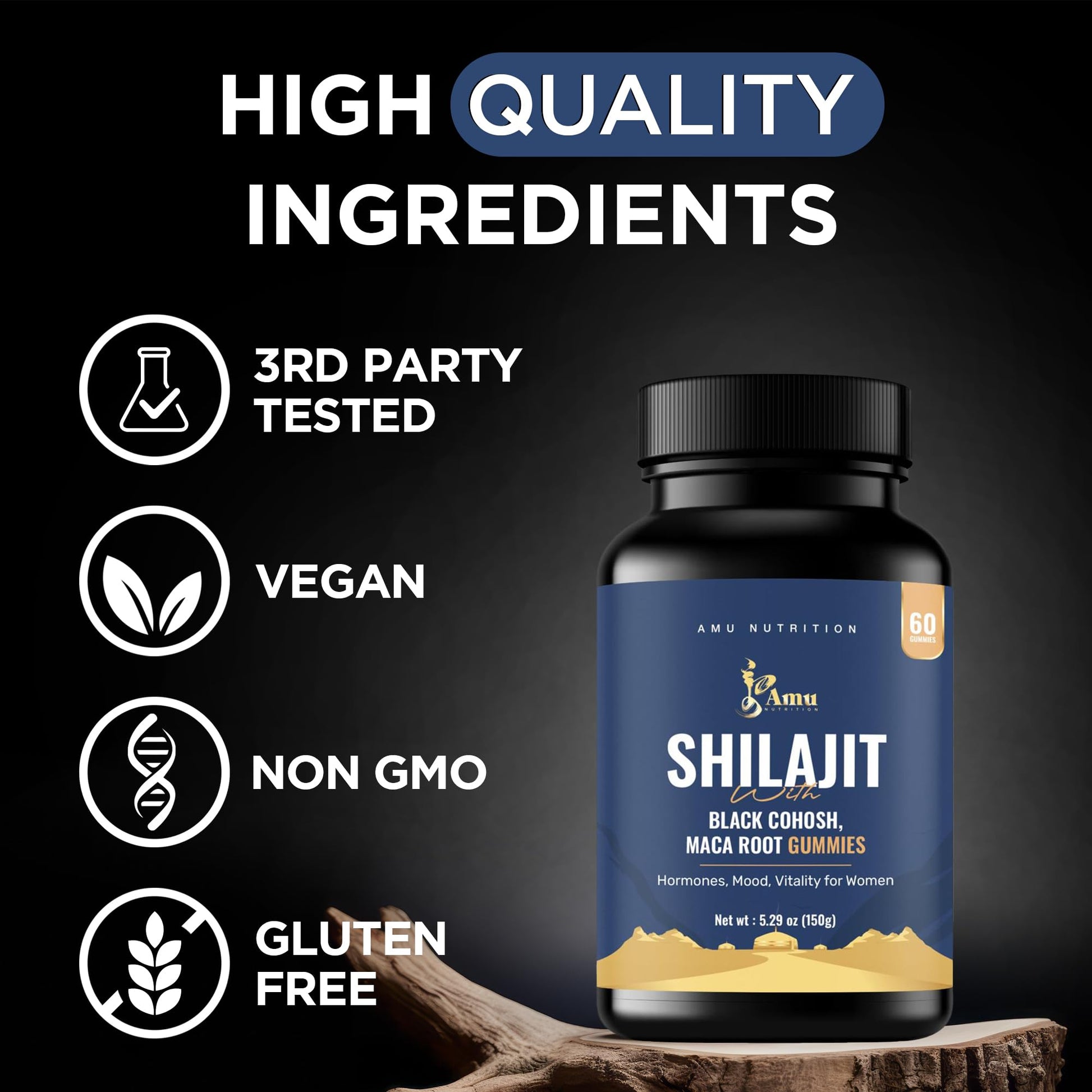 AMU NUTRITION Shilajit Gummies for Men & Women with Maca Root & Black Cohosh (60 Count (Pack of 1), Maca Root & Black Cohosh) - Medaid International