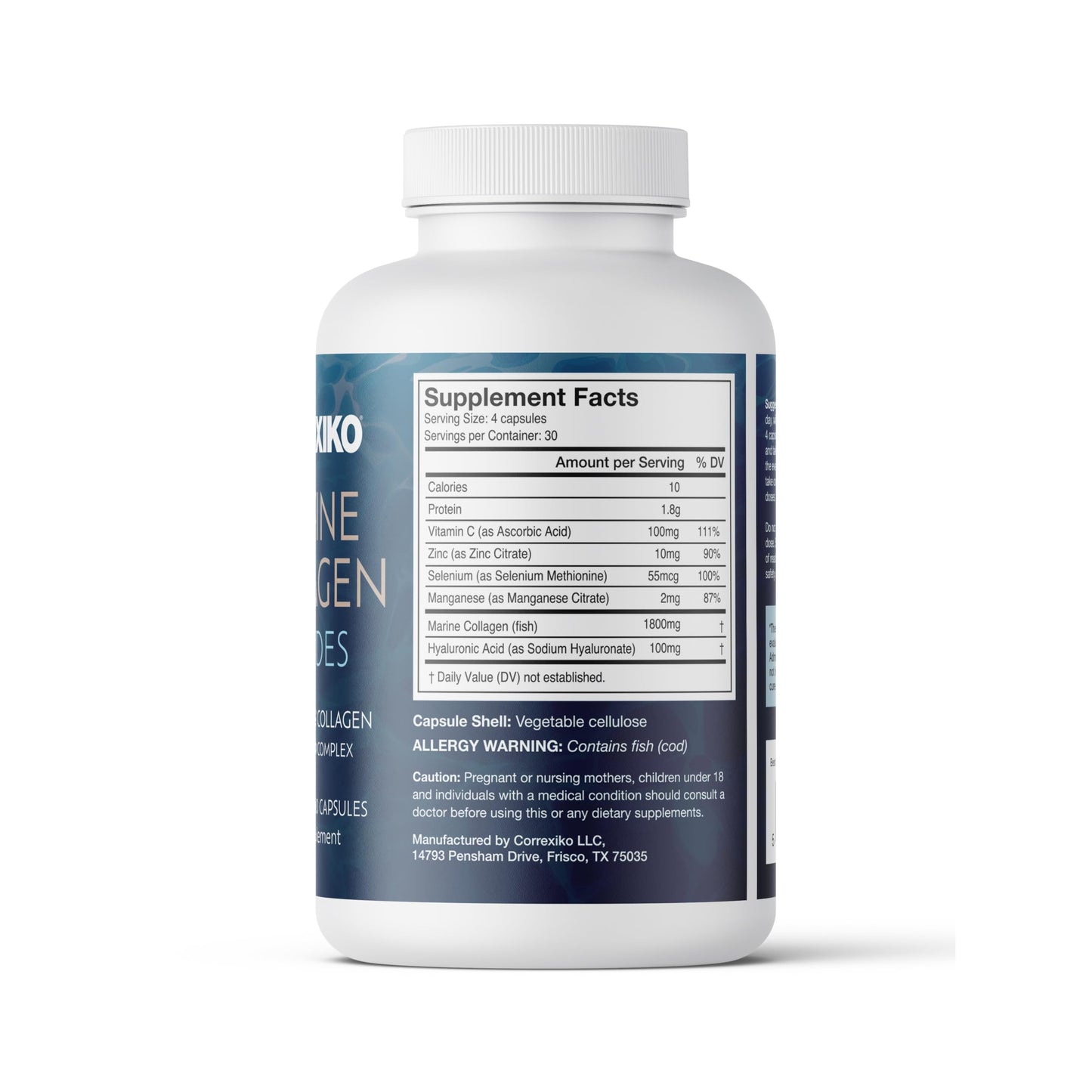 CORREXIKO Marine Collagen Supplement Pills - 1800mg Hydrolyzed Collagen Peptides per Serving with Added Hyaluronic Acid, Vitamin C & Minerals - for Hair, Skin & Nails - 360 Capsules 3 Month Supply - Medaid International