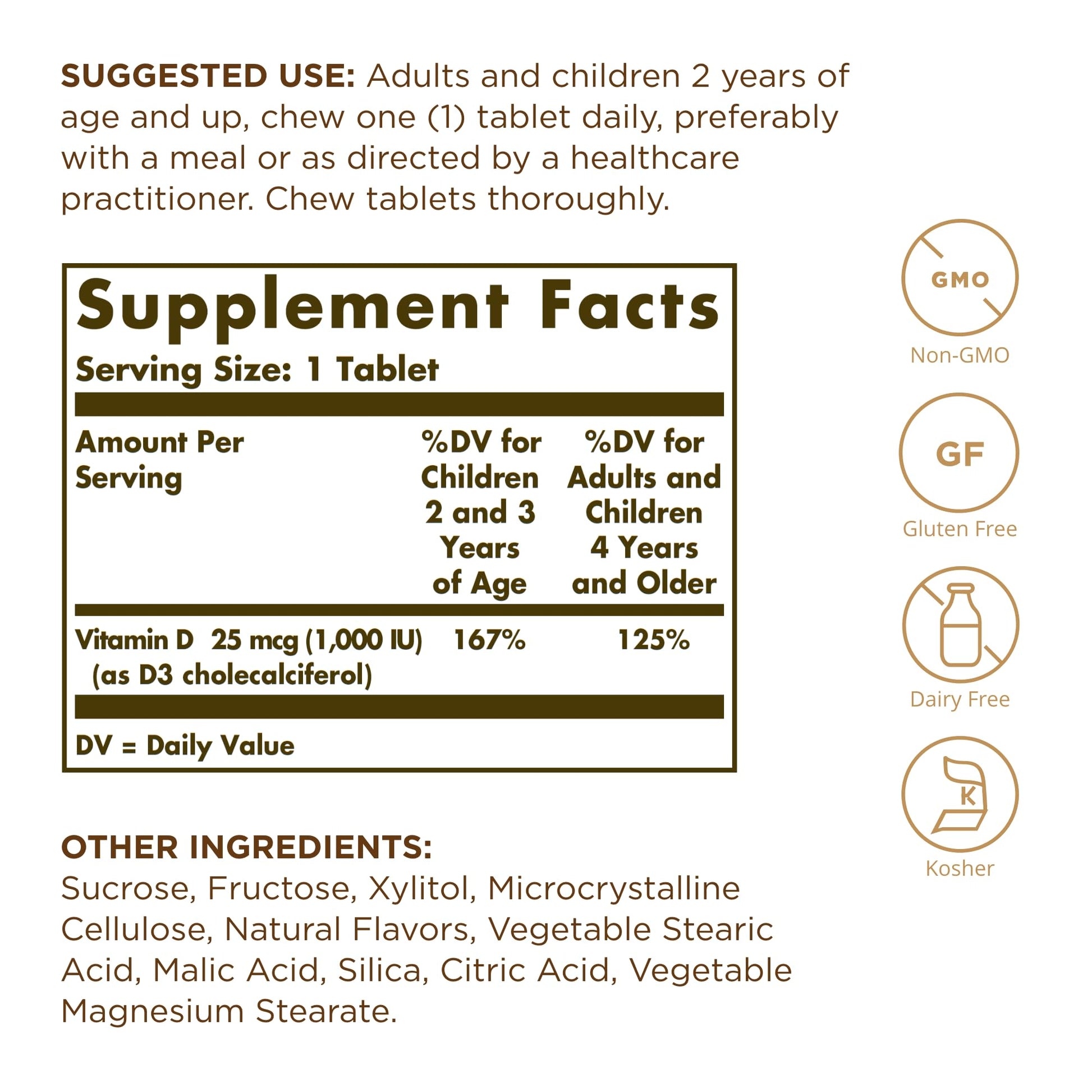 Solgar Vitamin D3 (Cholecalciferol) 25 mcg (1000 IU), Natural Strawberry Banana Swirl - 100 Chewable Tablets - Non-GMO, Kosher - 100 Servings - Medaid International