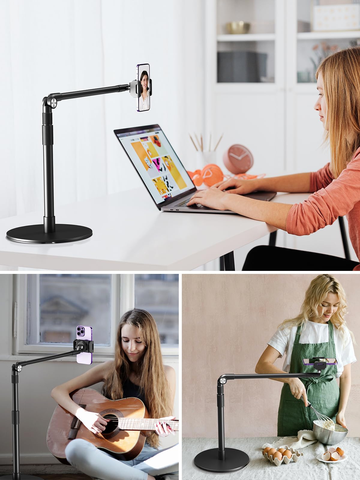 elitehood Heavy Duty Aluminum Overhead Phone Stand, 15 in Long Arm iPhone Holder for Video Recording, 360 Degrees Swivel Tilt Overhead Phone Mount for Filming, Meeting, Cooking, Painting and Crafting - Medaid International