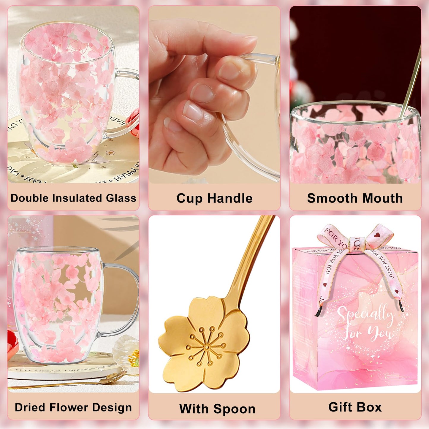 Gifts for Women Dried Flowers Double Wall Glass Coffee Mugs Cute Glass Tea Cups with Handles Autumn Mug Christmas Birthday Gifts for Best Friend Teacher Mum Gift New Home Gift Ideas Home Decor - Medaid International