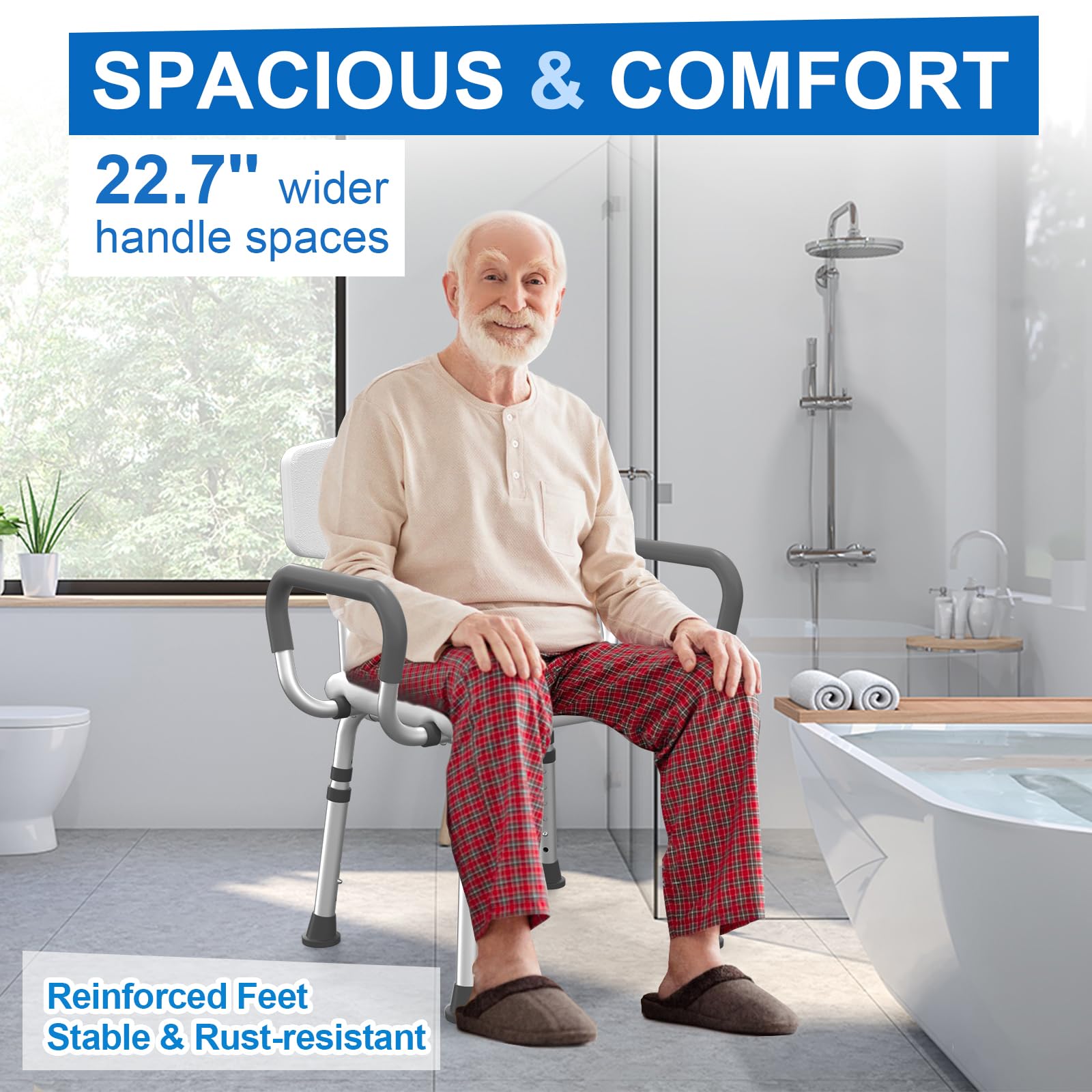 HOMLAND Shower Chair for Inside Shower with Arms and Back, 500 lbs Heavy Duty Shower Seat for Bathtub, Height Adjustable Safety Bath Seat for Elderly, Adults, Handicap and Disabled, White - Medaid International