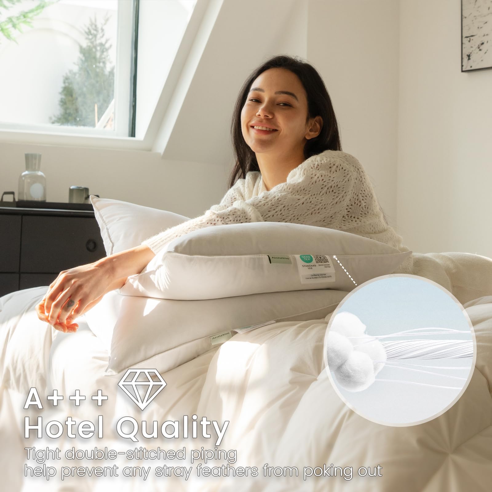 Alanzimo Goose Feathers Down Pillows Standard/Queen Size Set of 2, Luxury Soft Feather Down Pillow for Sleeping, 100% Cotton Cover Hotel Collection Bed Pillows for Back,Stomach or Side Sleepers 20x28 - Medaid International