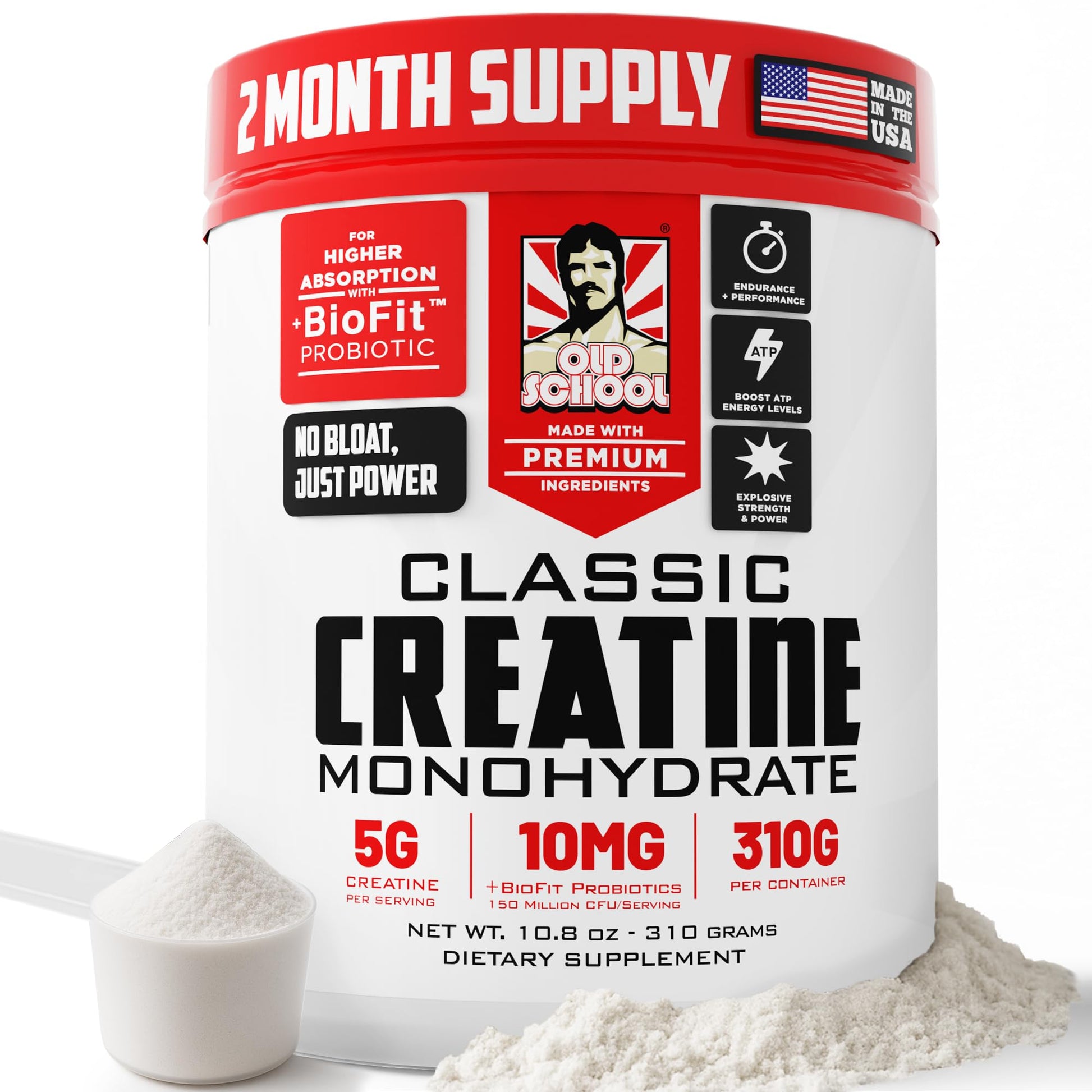 Old School Labs 5000mg Creatine Monohydrate Micronized Powder with BioFit™ (Max Absorption), Performance & Recovery, Strength, Endurance, Focus - Made in USA - Men & Women - 60 Servings - Medaid International