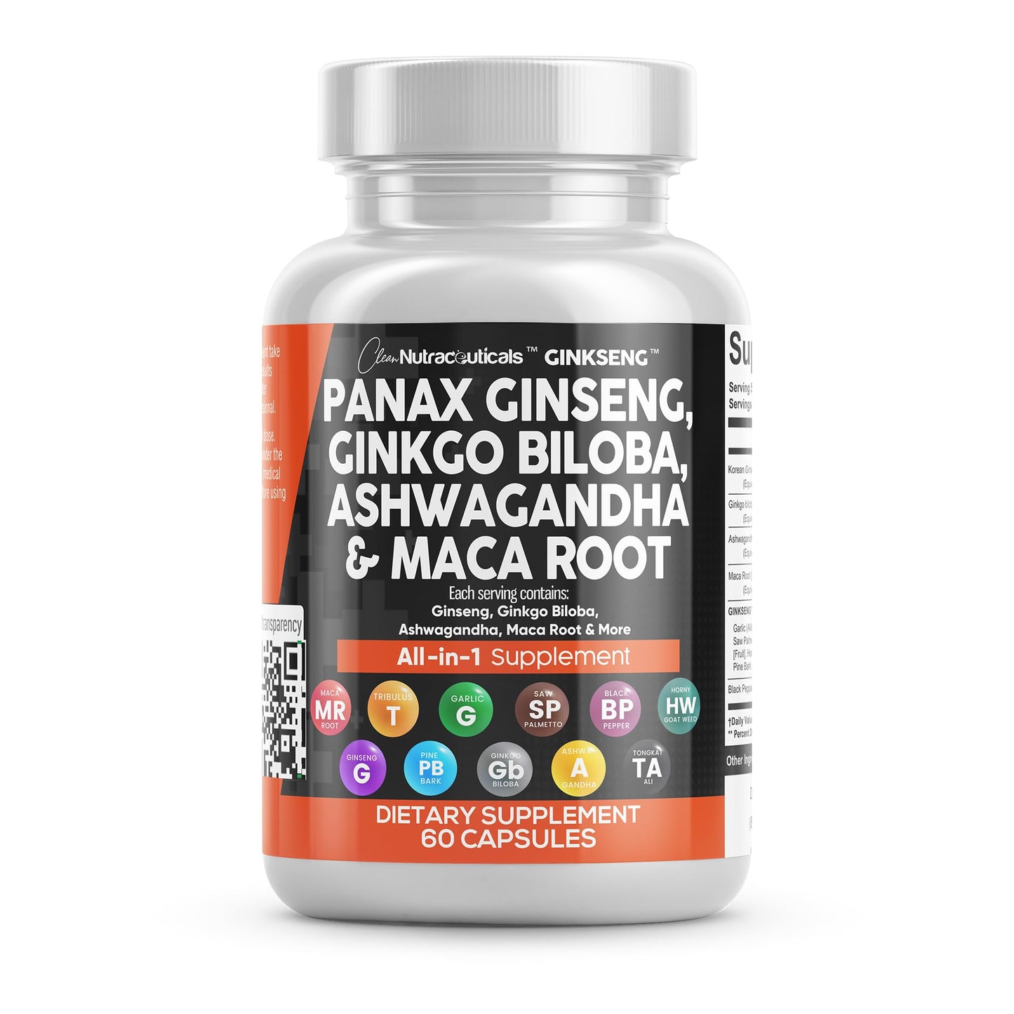 Clean Nutraceuticals Panax Ginseng Ginkgo Biloba Ashwagandha Maca Root - Focus Supplement Pills for Women and Men with Pine Bark Extract, Garlic, and Saw Palmetto - 60 Caps - Medaid International