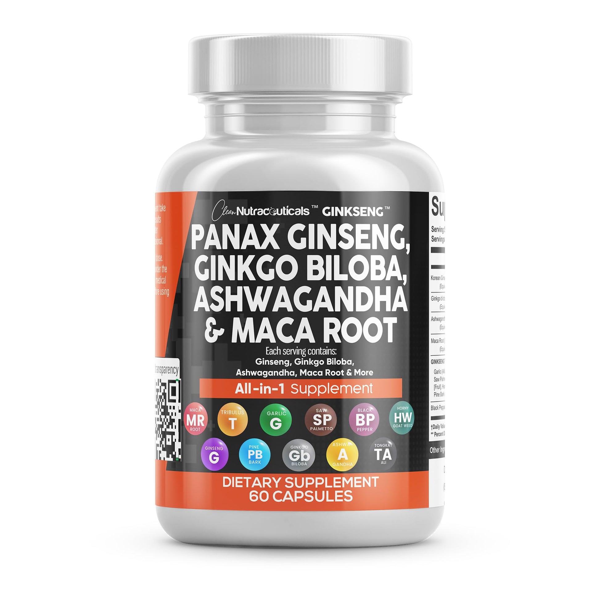 Clean Nutraceuticals Panax Ginseng Ginkgo Biloba Ashwagandha Maca Root - Focus Supplement Pills for Women and Men with Pine Bark Extract, Garlic, and Saw Palmetto - 60 Caps - Medaid International