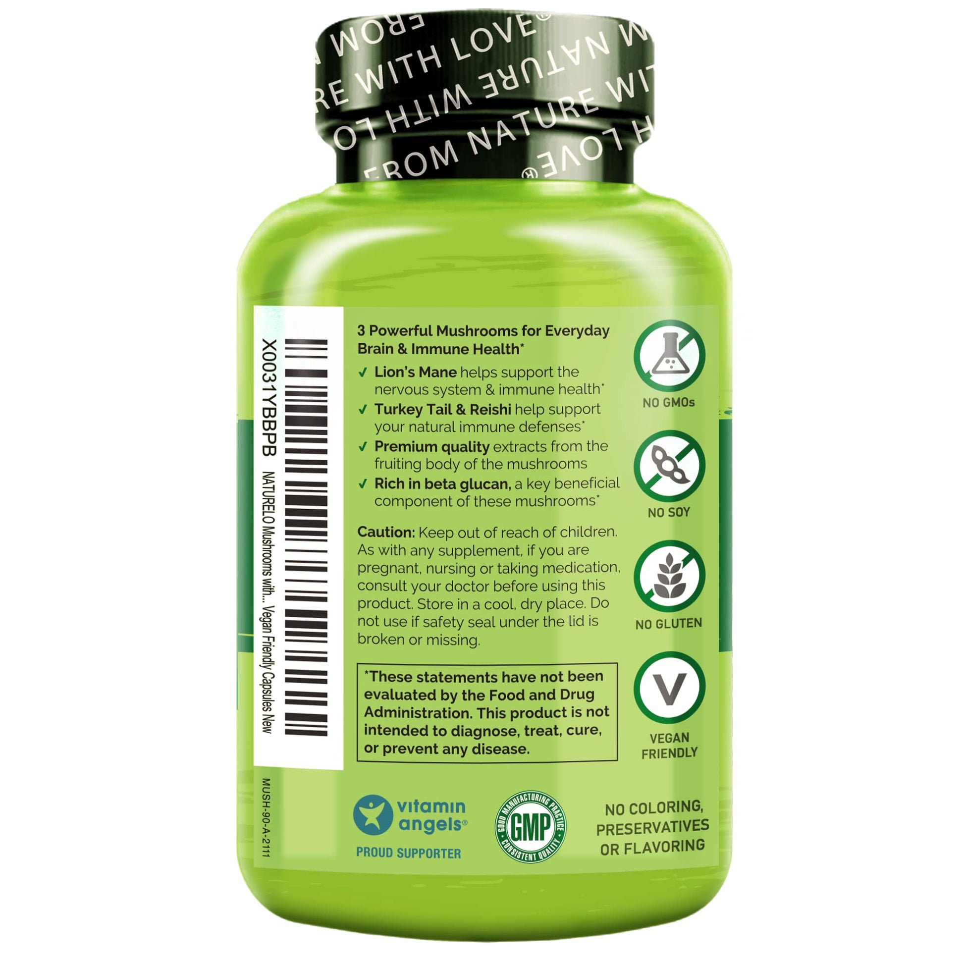NATURELO Mushroom Supplement – Brain & Immune Health Blend with Lion’s Mane, Reishi, Turkey Tail – 90 Vegan Friendly Capsules - Medaid International