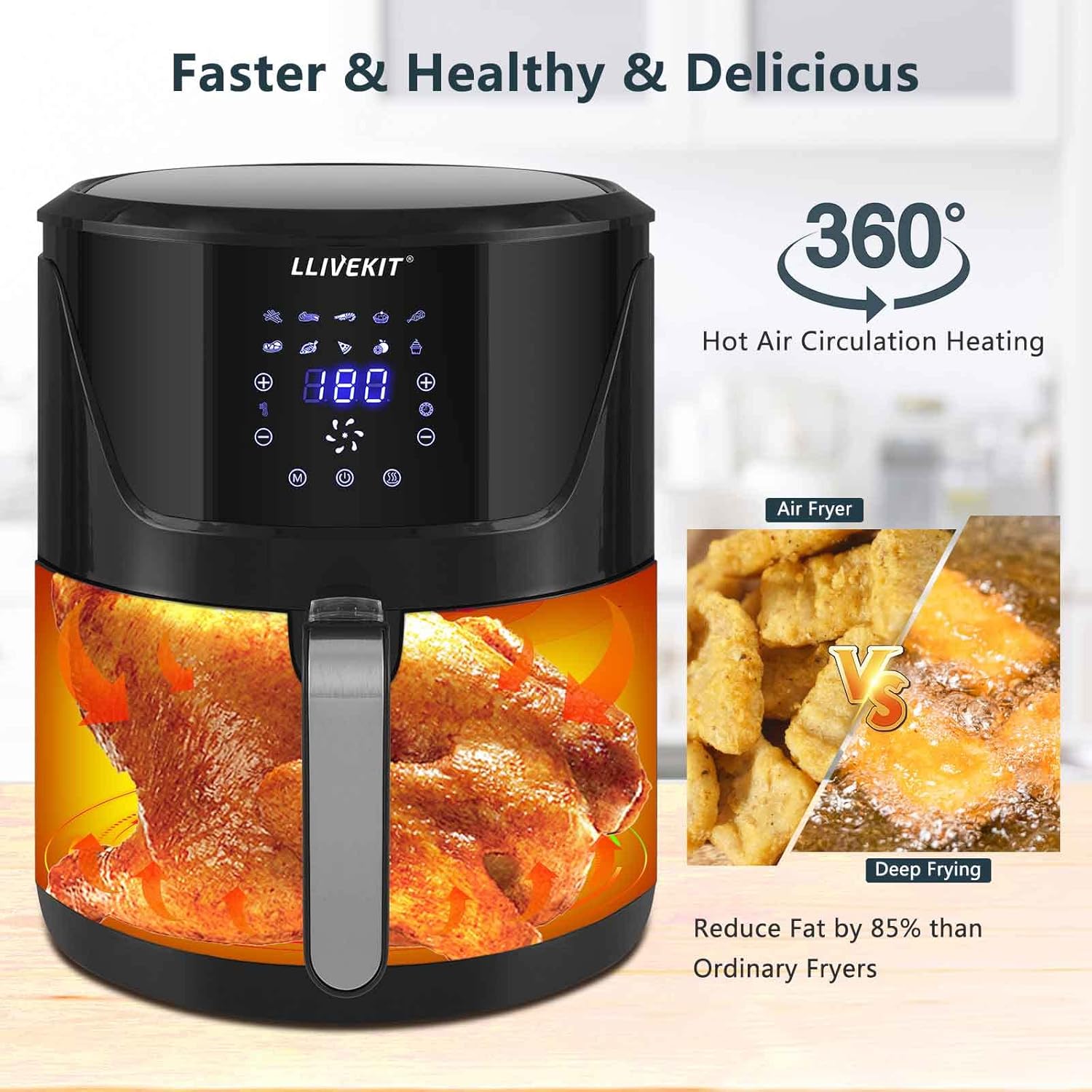 7L Large Air Fryer, 1800W + Digital Touch Screen - Black - Medaid International