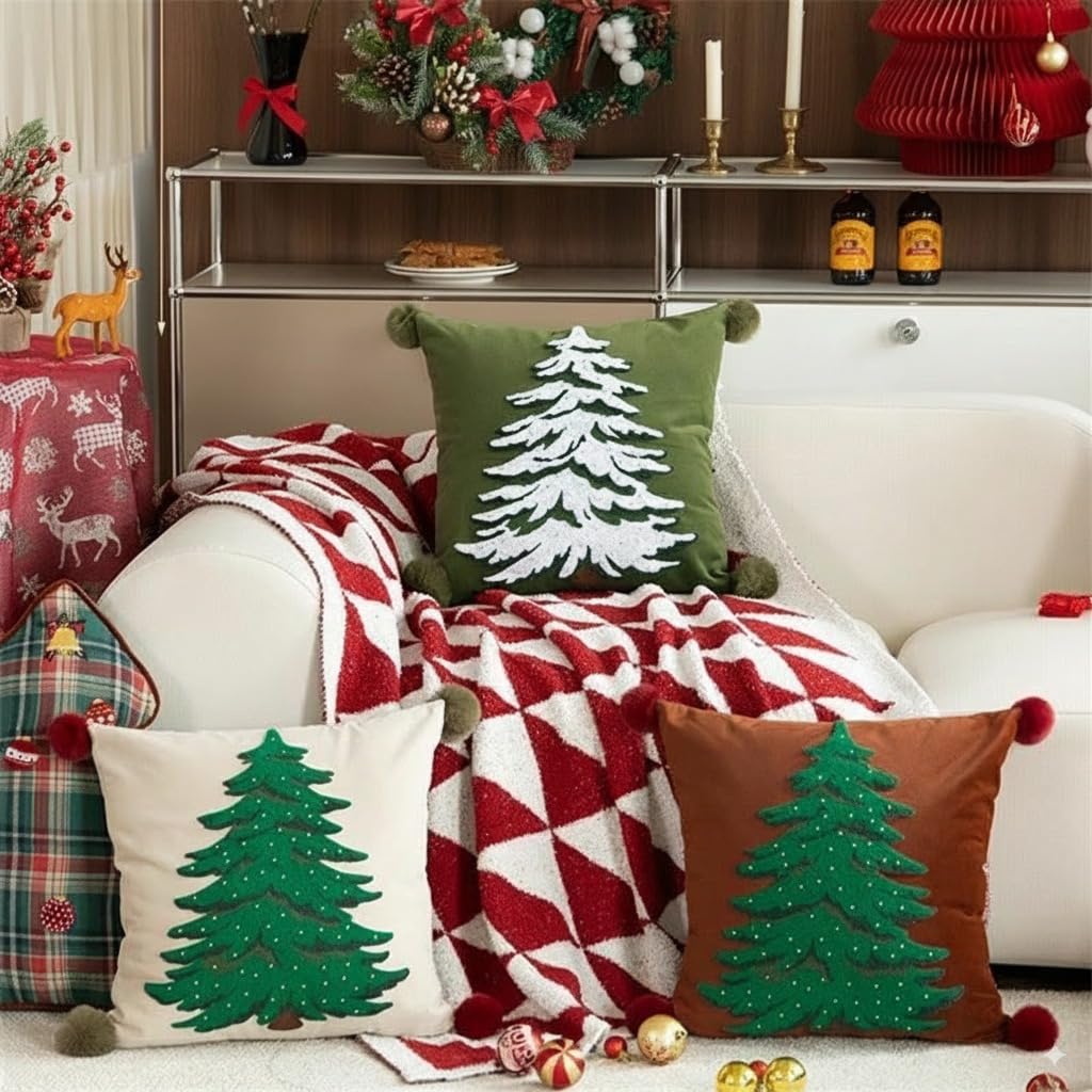 MOCOFO Red Pillowcase 18x18'' Embroidered Christmas Tree Pillow Cover - Festive Long Sofa and Bedside Cushion Cover Décor Cover ONLY - Medaid International