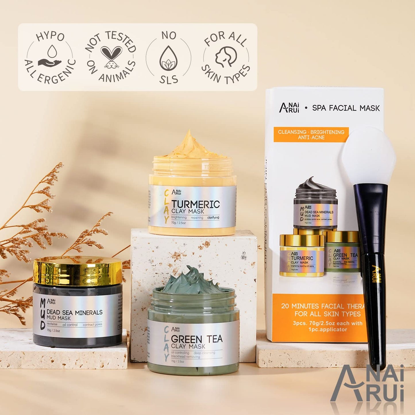 ANAI RUI 3Pcs Face Mask Set, Turmeric Clay Mask - Green Tea Face Mask - Dead Sea Minerals Mud Mask, Holiday Gift Set, Stocking Stuffers for Women &Teen Girls, Self Care Gifts for Women 2.5 oz each - Medaid International