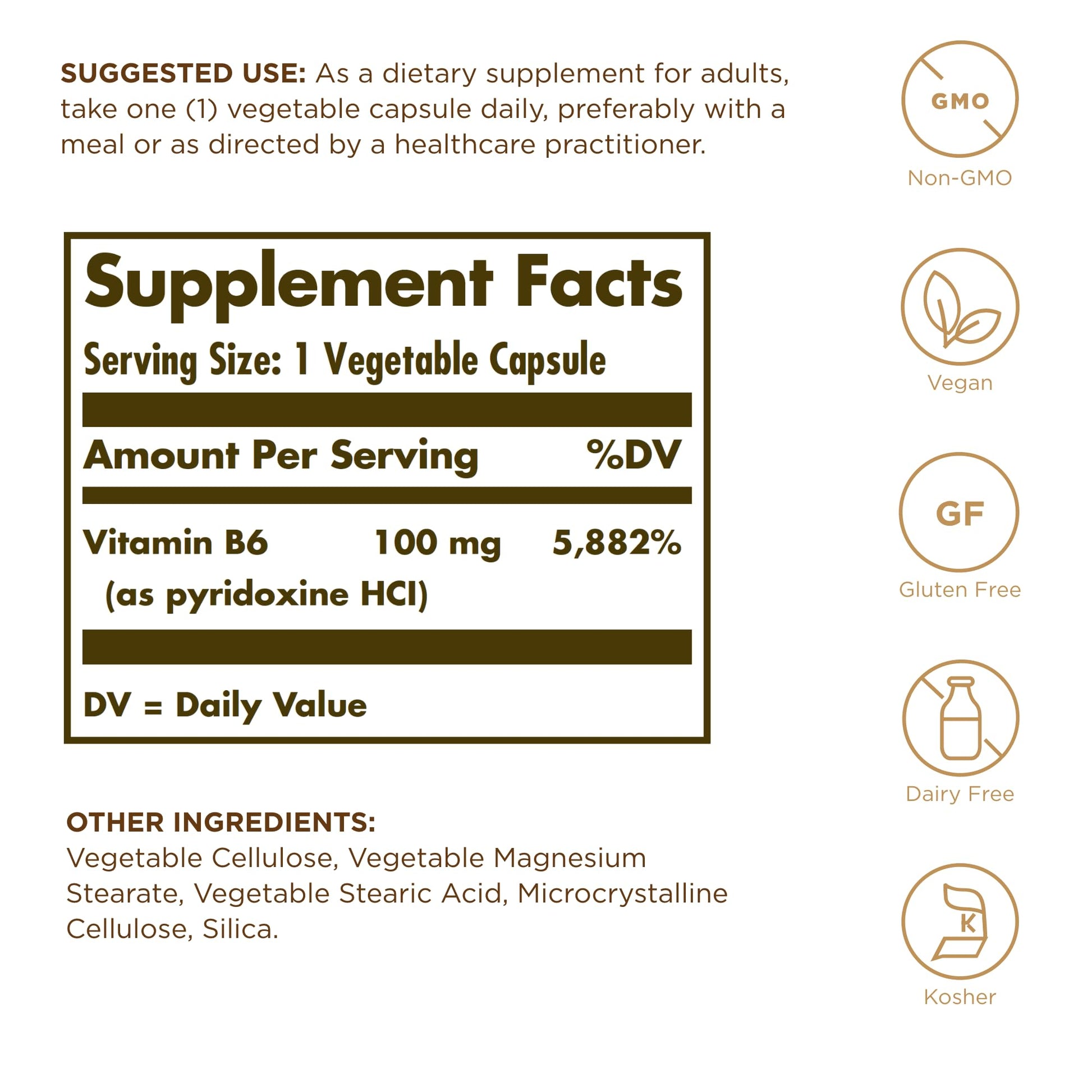 Solgar Vitamin B6 100 mg - 100 Vegetable Capsules - Non-GMO, Vegan, Gluten Free, Dairy Free, Kosher, Halal - 100 Servings - Medaid International