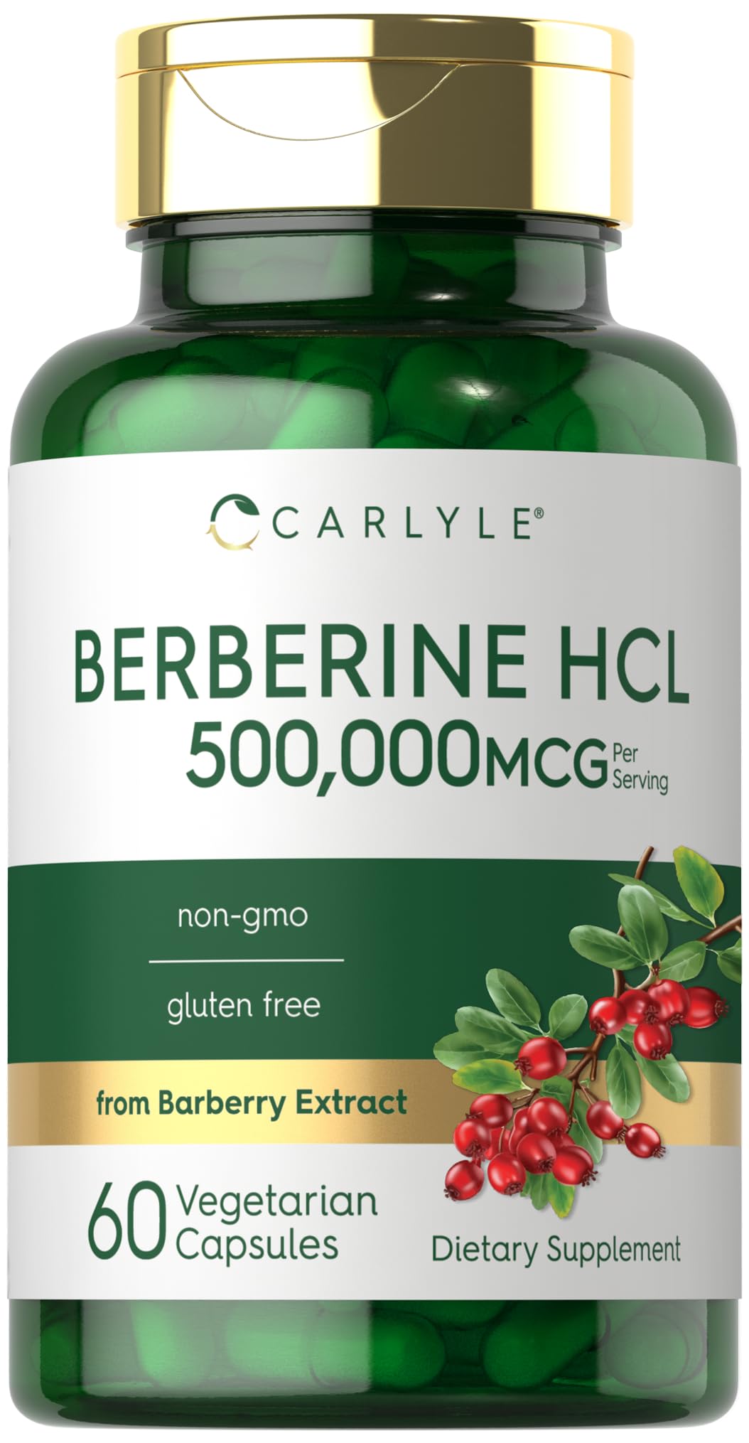 Carlyle Berberine HCL Supplement | 500,000mcg | 60 Capsules | Vegetarian, Non-GMO, Gluten Free - Medaid International
