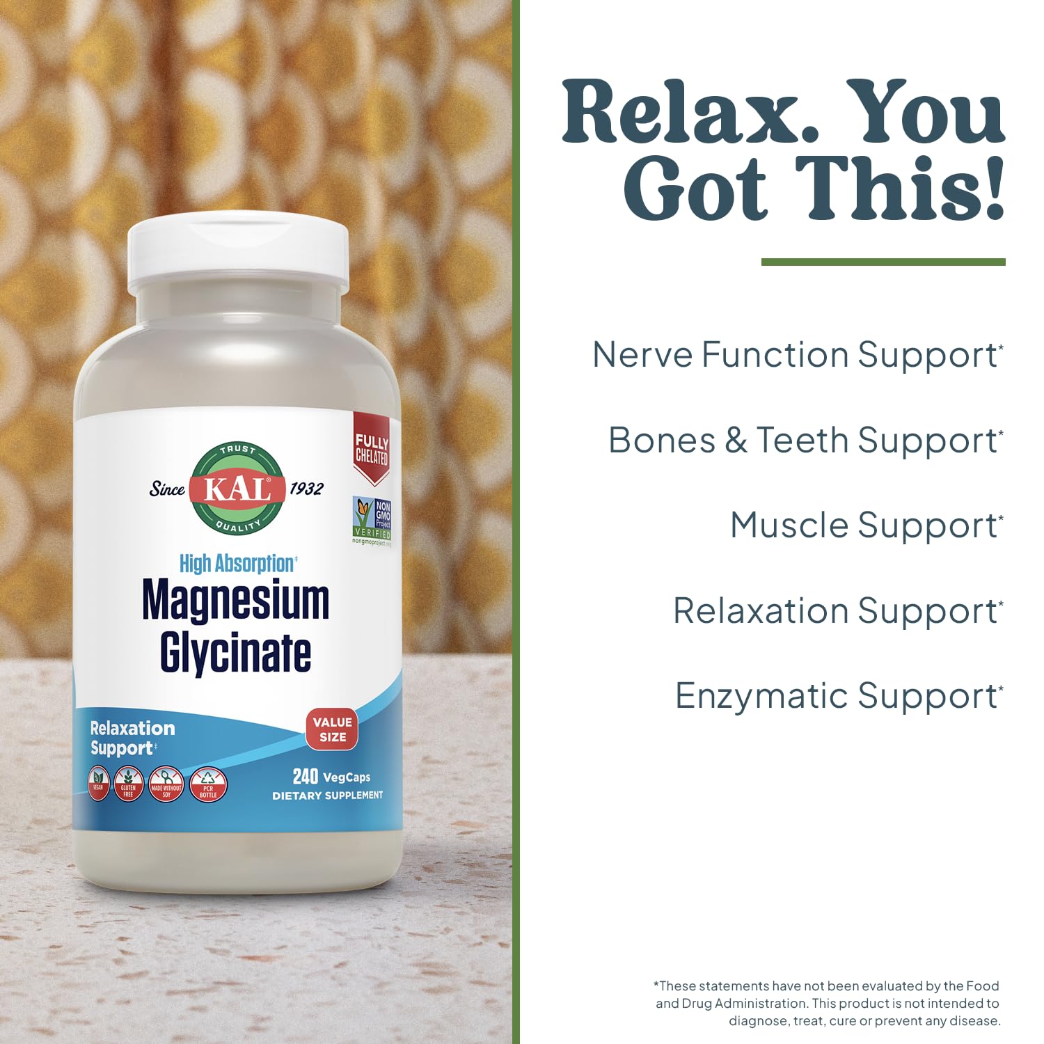 KAL Magnesium Glycinate, New & Improved Fully Chelated High Absorption Formula with BioPerine, Bisglycinate Chelate for Stress, Relaxation, Muscle & Bone Health Support, 60 Servings, 240 VegCaps - Medaid International