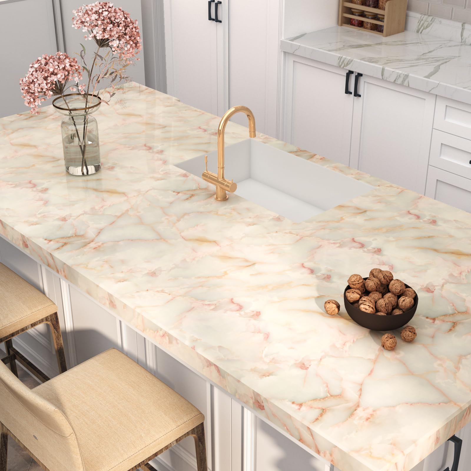VEELIKE 15.74''x118.11'' Gold Pink Marble Contact Paper Wallpaper Stick and Peel Self Adhesive Removable Waterproof Wall Covering for Table Countertop Cabinet Drawer - Medaid International