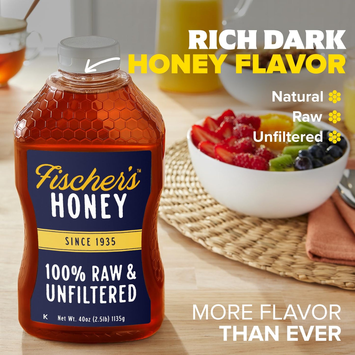 Fischer's 100% Pure, Raw & Unfiltered Honey, 40 oz – USA Made Honey – All-Natural Sweetener – Rich Flavor Profile, Packed with Nutrients - Medaid International