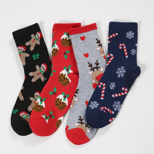 4 pairs of Christmas Socks, Reindeer Bells and Snowflakes Pattern, Women's Autumn and Winter Socks, Personalized Pattern and Color, suitable for Daily Wear, Give Friends a Unique Christmas Gift - Medaid International
