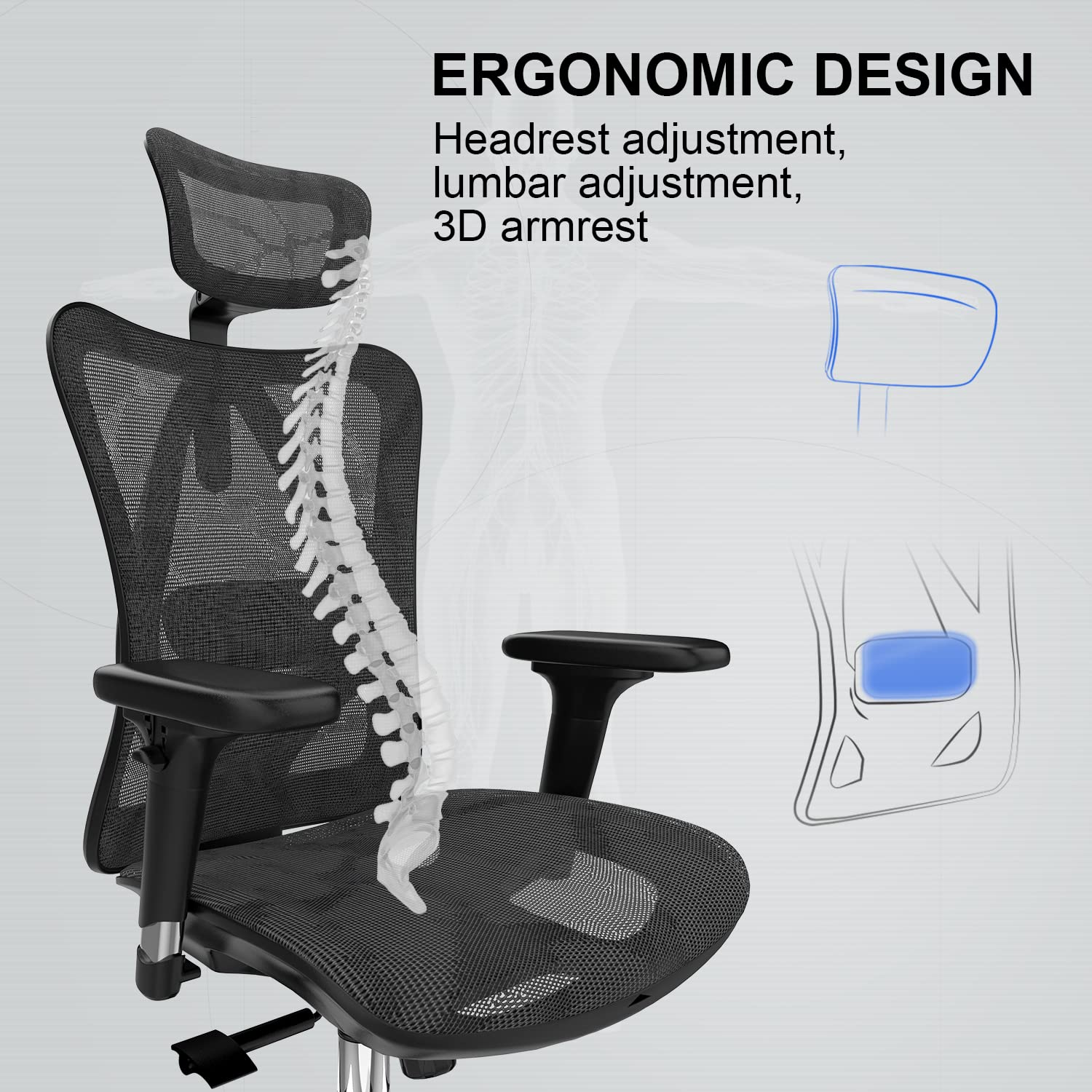 SIHOO M57 Ergonomic Office Chair with 3 Way Armrests Lumbar Support and Adjustable Headrest High Back with Tilt Function (Black) - Medaid International