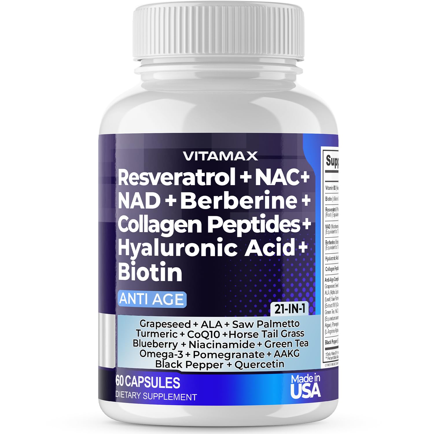 Resveratrol NAD+ Berberine Hyaluronic Acid - Biotin Grape & Blueberry + NAC - Collagen Peptides - Hair, Nail, Skin & Joint Supplement - 21-in-1 Women and Men - Made in USA (60 Count (Pack of 1) - Medaid International