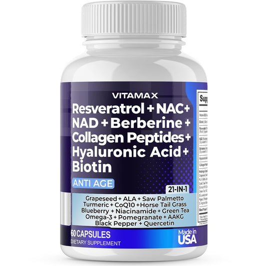Resveratrol NAD+ Berberine Hyaluronic Acid - Biotin Grape & Blueberry + NAC - Collagen Peptides - Hair, Nail, Skin & Joint Supplement - 21-in-1 Women and Men - Made in USA (60 Count (Pack of 1) - Medaid International