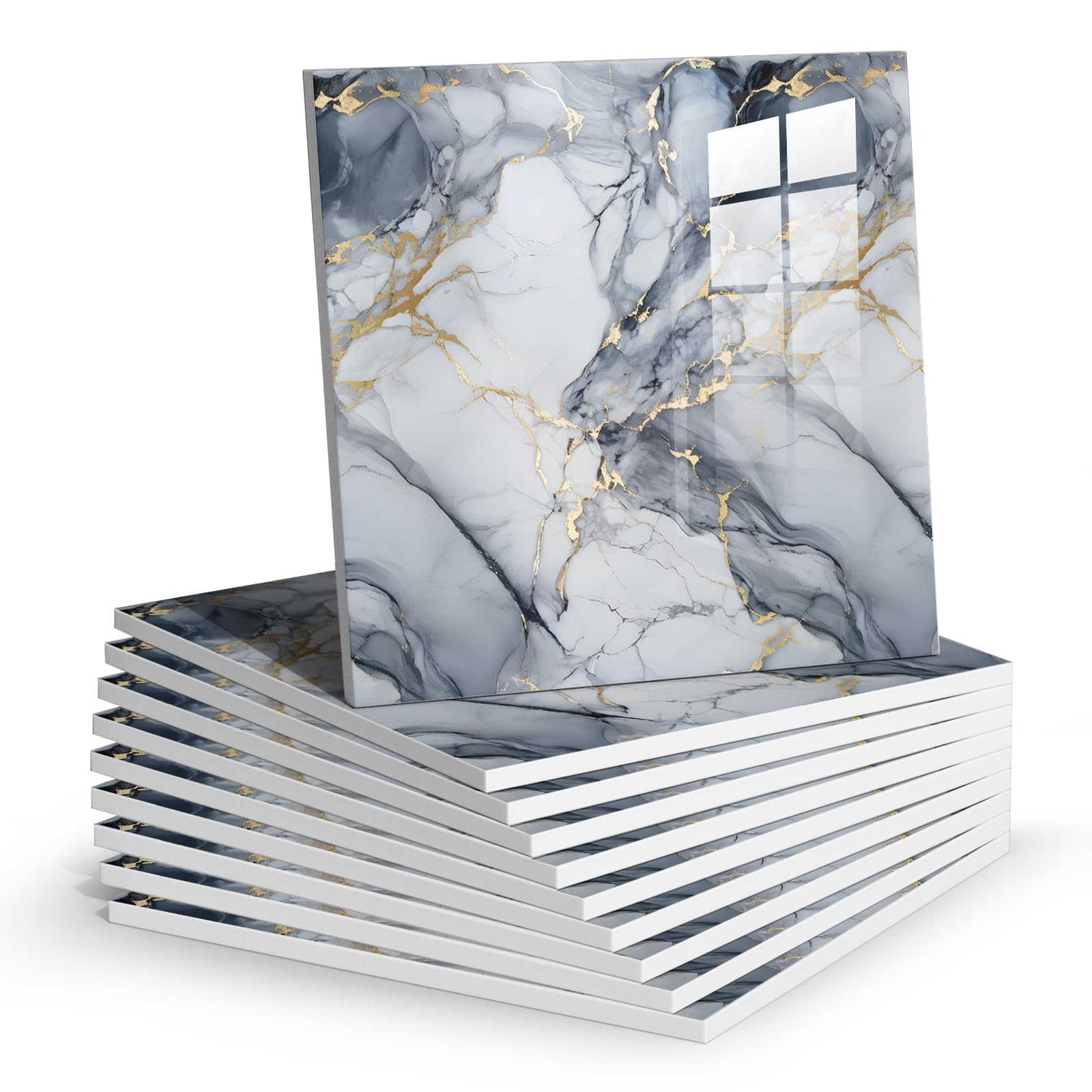 Chejiaye Thick 10pcs Marble Peel and Stick Backsplash Surface Waterproof Wall Panels,Self-Adhesive Marble PVC Foam Wall Panels for Kitchen, Bathroom - 11.8"x11.8" Kitchen Tile(Not Real Tiles,Blue) - Medaid International