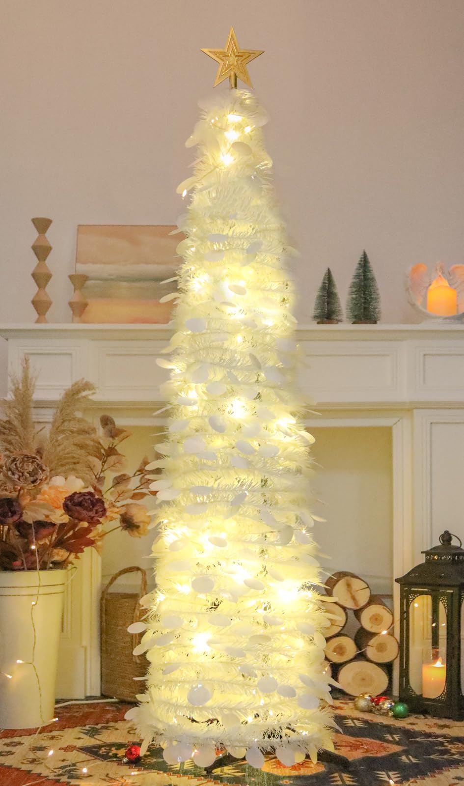 HMASYO 5 FT Pop Up Christmas Tree with Timer Lights, White Christmas Tinsel Tree, Collapsible Artificial Pencil Christmas Tree for Indoor Home Apartment Porch Holiday Party Decorations - Medaid International