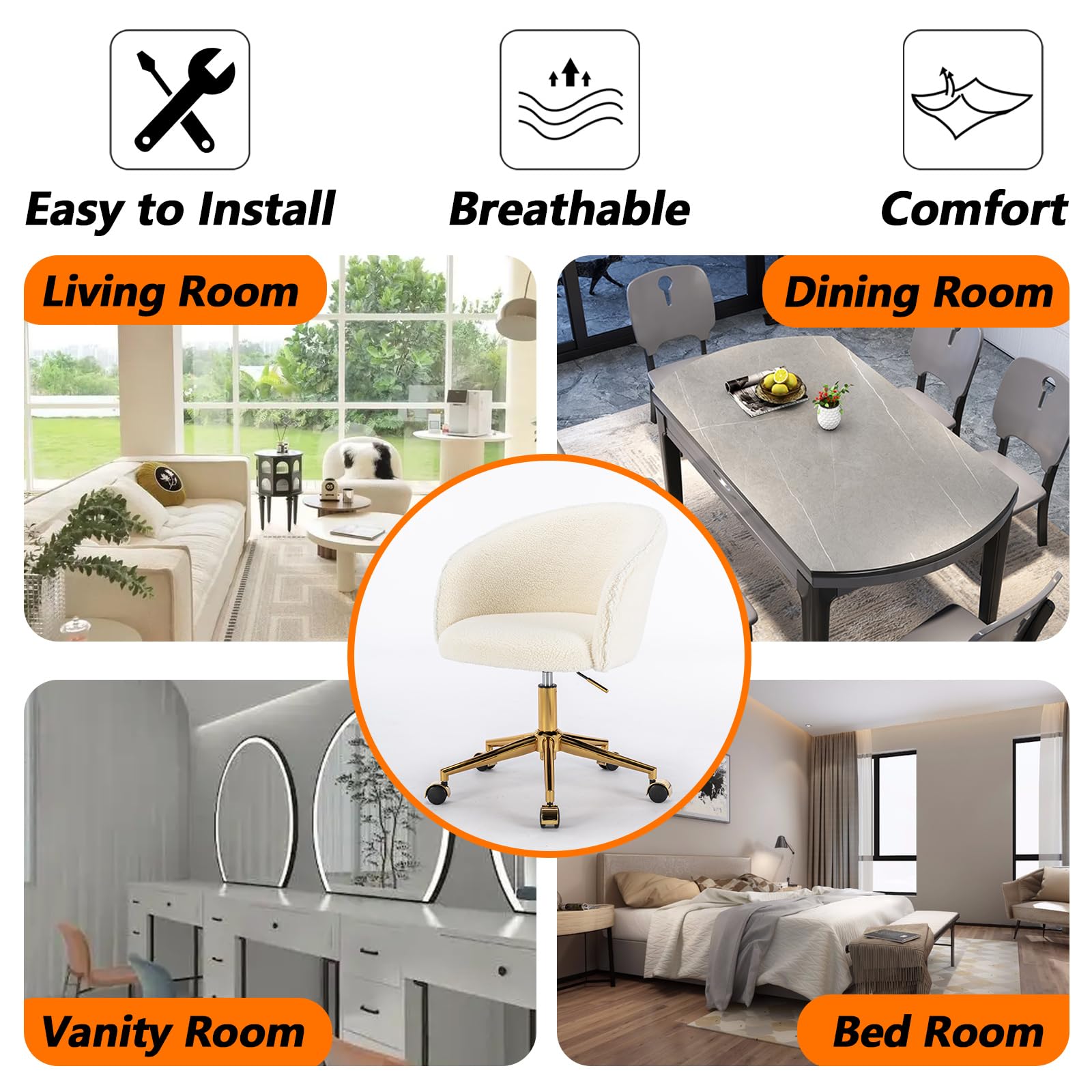 Nahenduo Cute Vanity Chair with Back, Teddy Velvet Desk Chair with Wheels and Gold Legs, Modern Makeup Chairs for Vanity Bedroom Office, Adjustable High 360 Swivel (Teddy White) - Medaid International