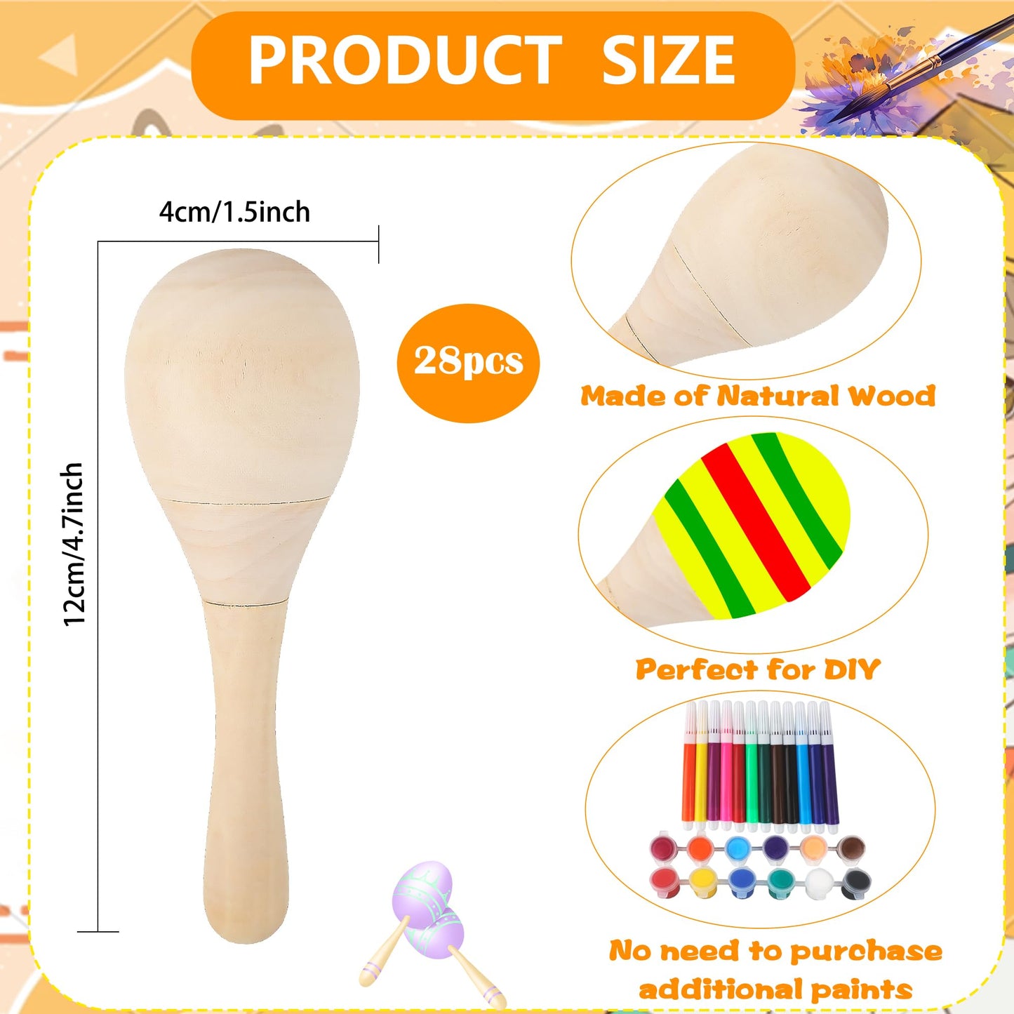 28 عبوة من 28 قطعة من ماراكاس الخشبية الصغيرة مع 32 قطعة من ادوات الطلاء المطلية ماراكاس غير مكتملة لمستلزمات الحفلات المكسيكية فيستا سينكو دي مايو - Medaid International