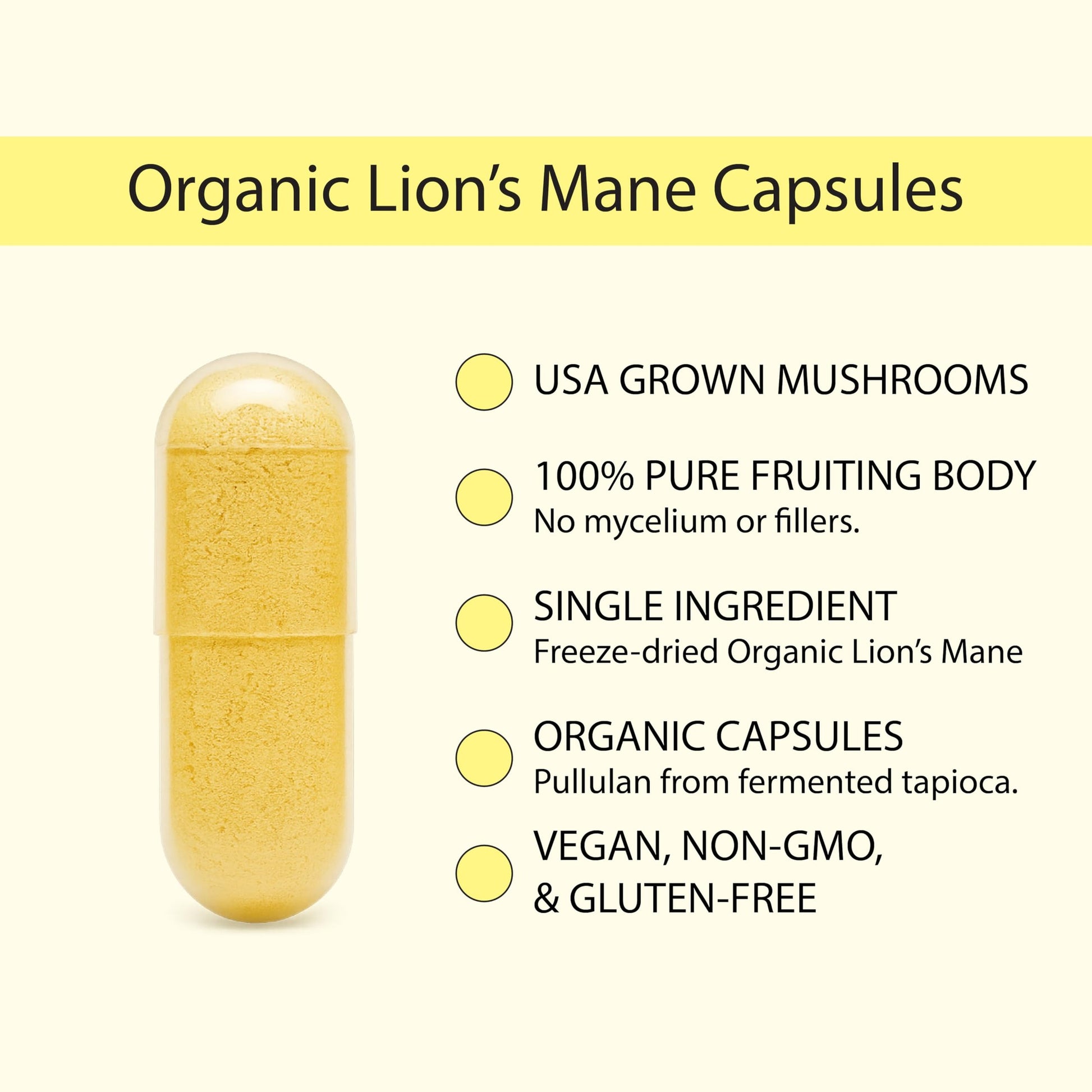 KOYAH Organic Lion's Mane Capsules - USA Grown, 100% Fruiting Body, Freeze-Dried, 3rd Party Tested for Beta-Glucans, 500 mg, Non-GMO, Vegan. Brain & Nerve Support. Immune Support. 60 Capsules - Medaid International