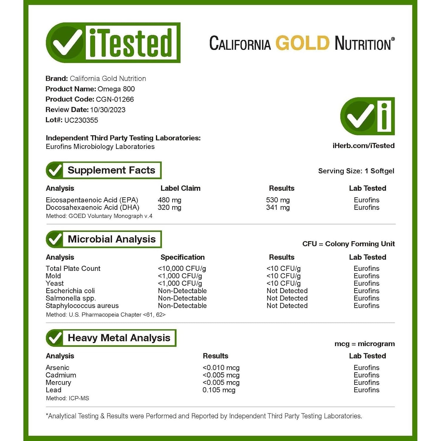 California Gold Nutrition Omega 800 Ultra-Concentrated Omega-3 Fish Oil, kd-pur Triglyceride Form, 1,000 mg, 90 Fish Gelatin Softgels - Medaid - Lebanon