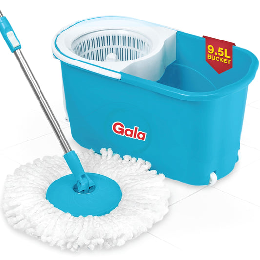 Gala e-Quick Spin Floor Cleaning Mop Set with 2 Microfiber Refills, Easy Wheels, Big Bucket & Wringer for Home, Household Cleaner Accessories (White & Blue) - Medaid International
