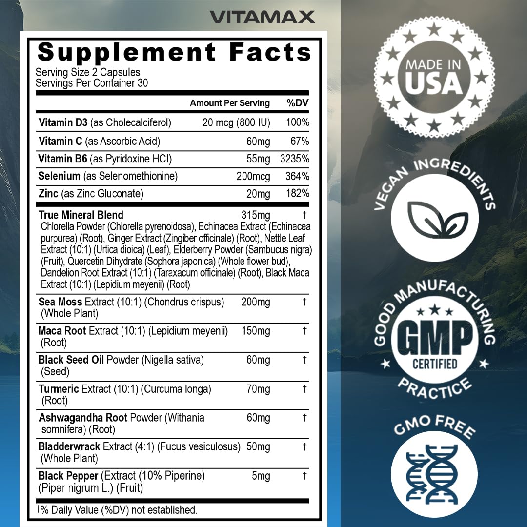 Sea Moss, Maca, Black Seed Oil, Ashwagandha, Bladderwrack, Turmeric - Elderberry, Vitamins C & D3, Dandelion & Black Pepper - Made in USA- 120ct - Medaid International
