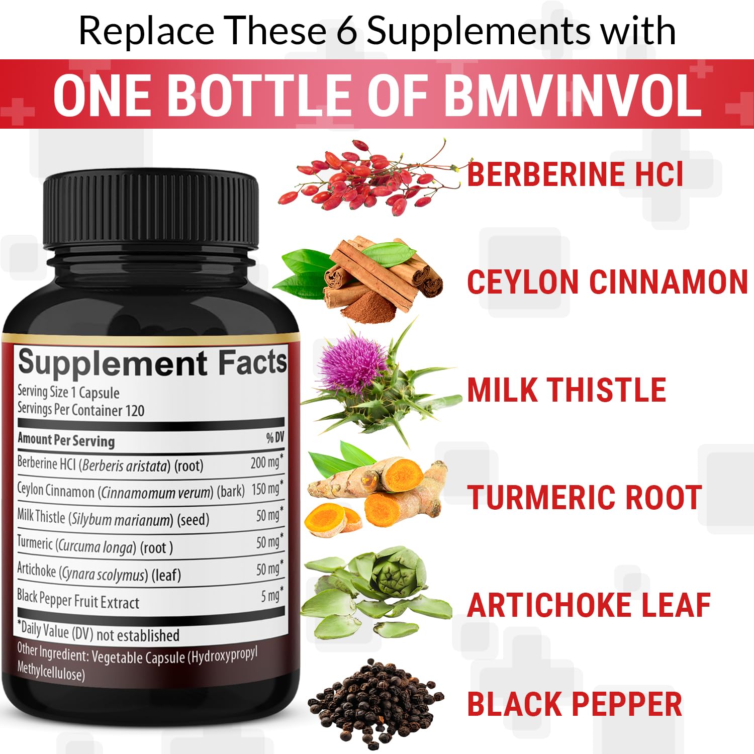 Berberine, Ceylon Cinnamon, Turmeric, Milk Thistle, Artichoke, Black Pepper - 120 Capsules for Digestion, Immunity [4-Month Supply] - Medaid International