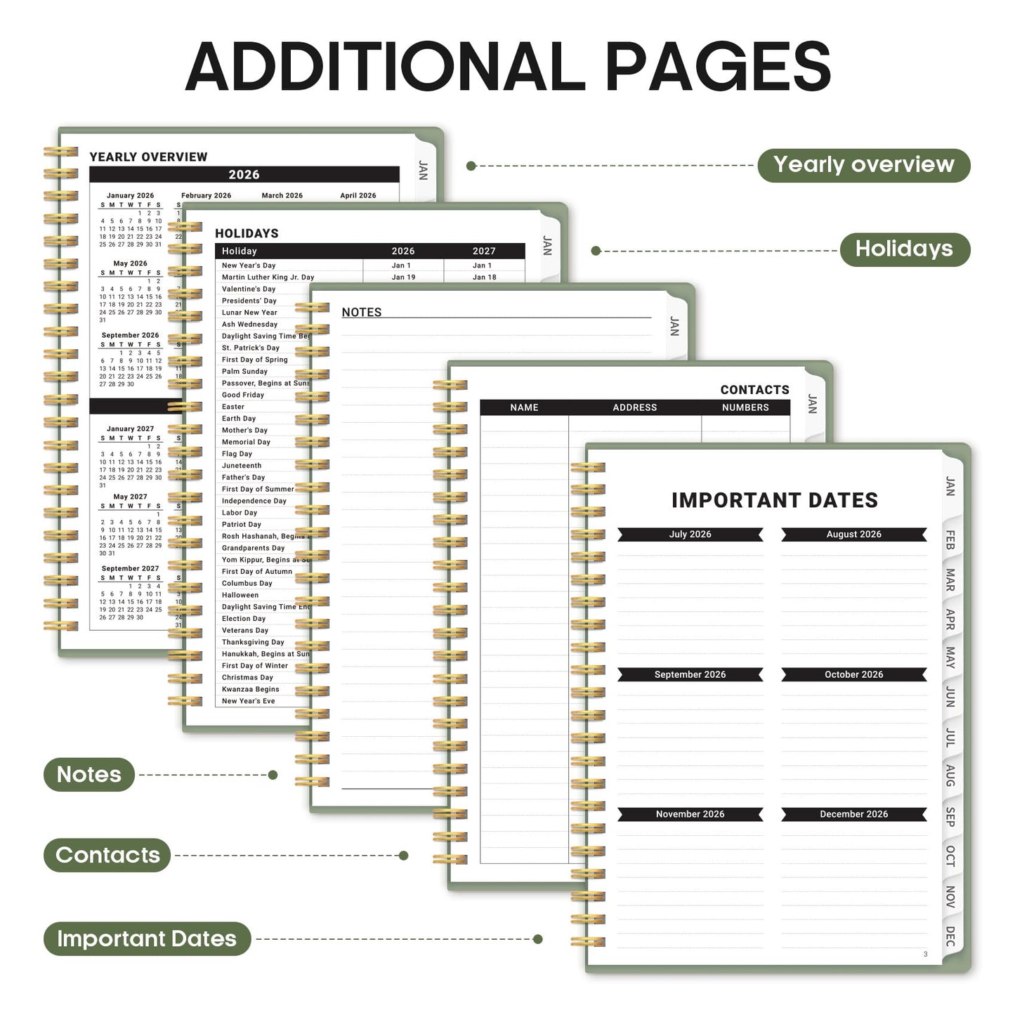 2026 Planner, Weekly and Monthly Calender Planner, Jan 2026 to Dec 2026, Hardcover 2026 Calendar Planner Book with Tabs & Inner Pocket, Office Home School Supplies for Women & Men - A5 (6.3" x 8.5"), Green - Medaid International